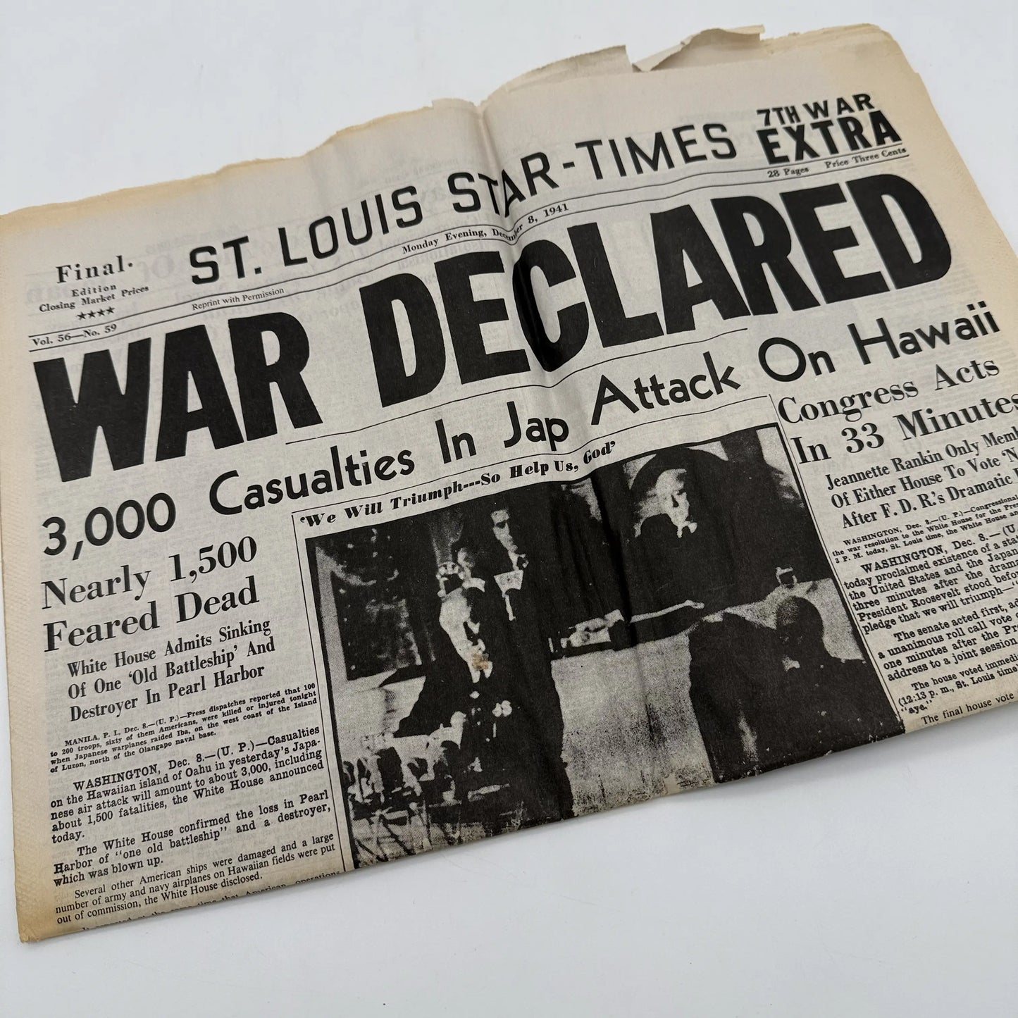 Three WWII newspapers —War Declared, V-E Day, Peace