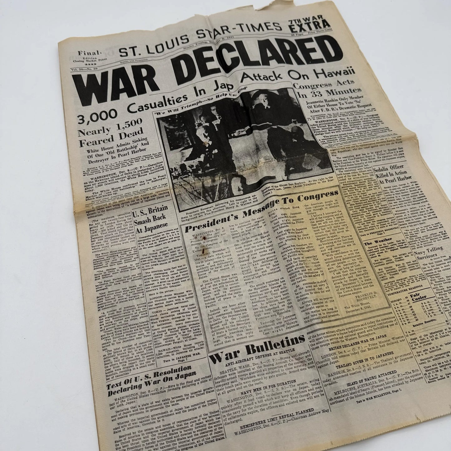 Three WWII newspapers —War Declared, V-E Day, Peace