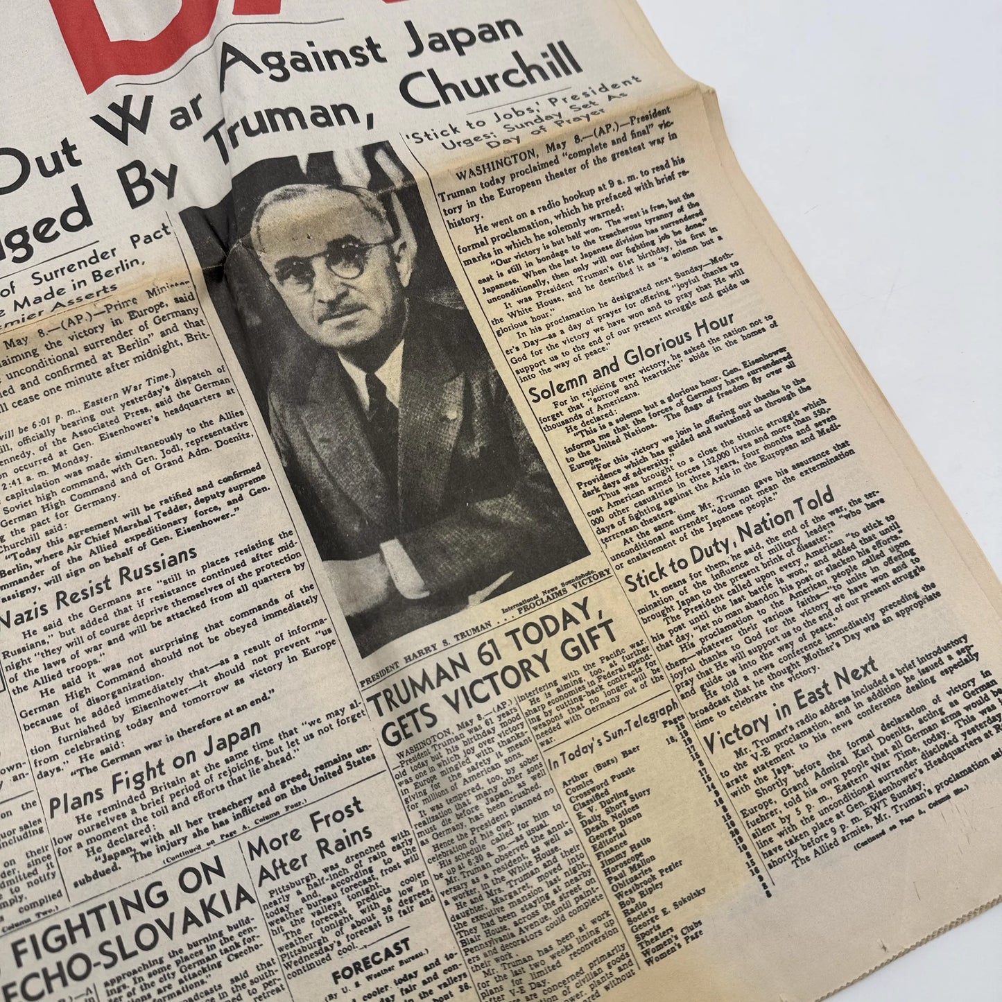 Three WWII newspapers —War Declared, V-E Day, Peace