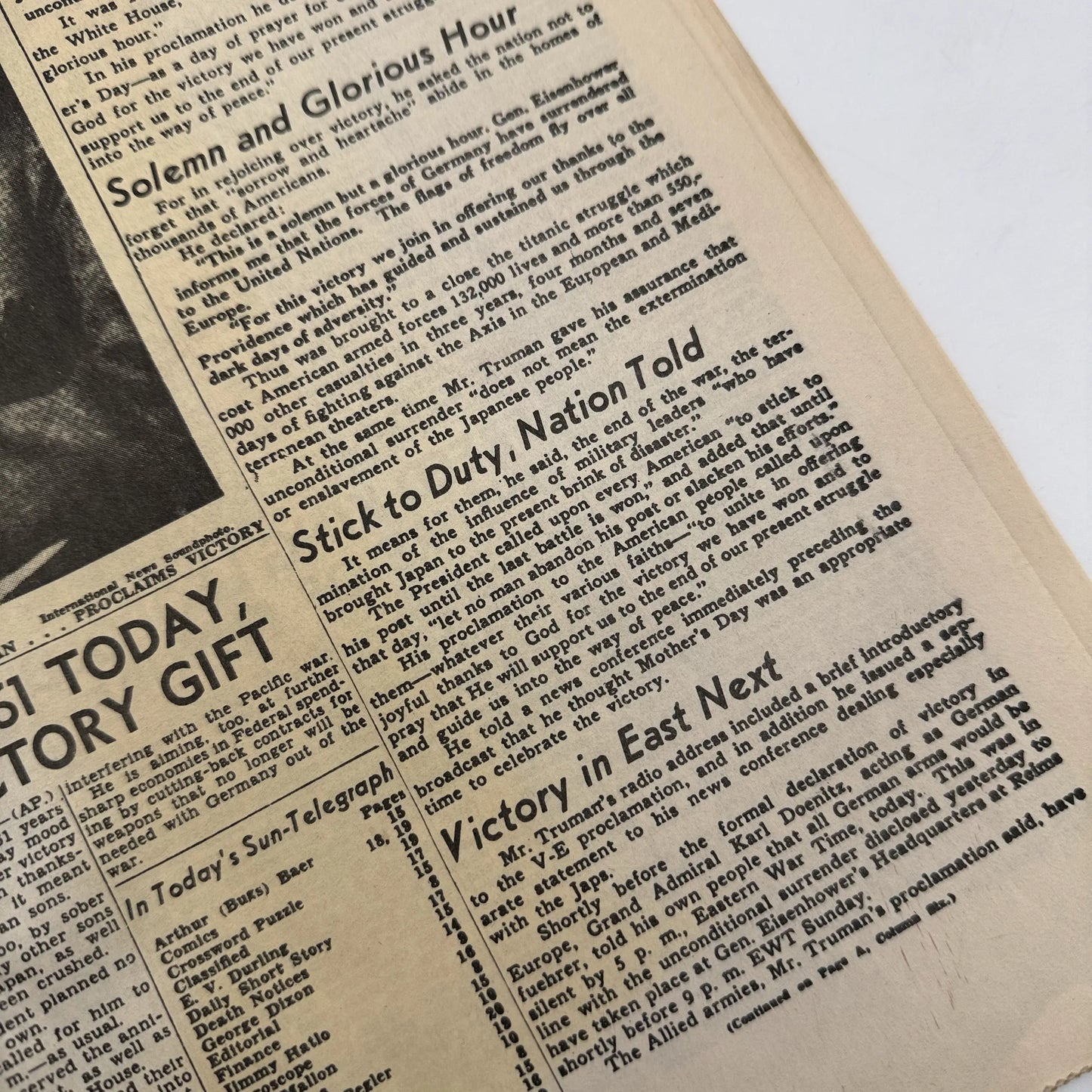 Three WWII newspapers —War Declared, V-E Day, Peace