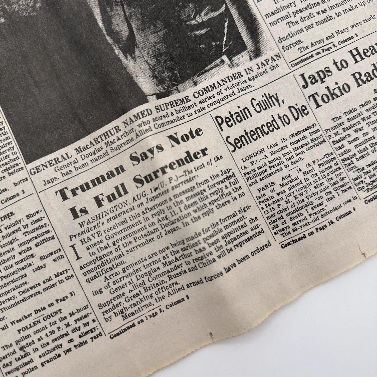 Three WWII newspapers —War Declared, V-E Day, Peace