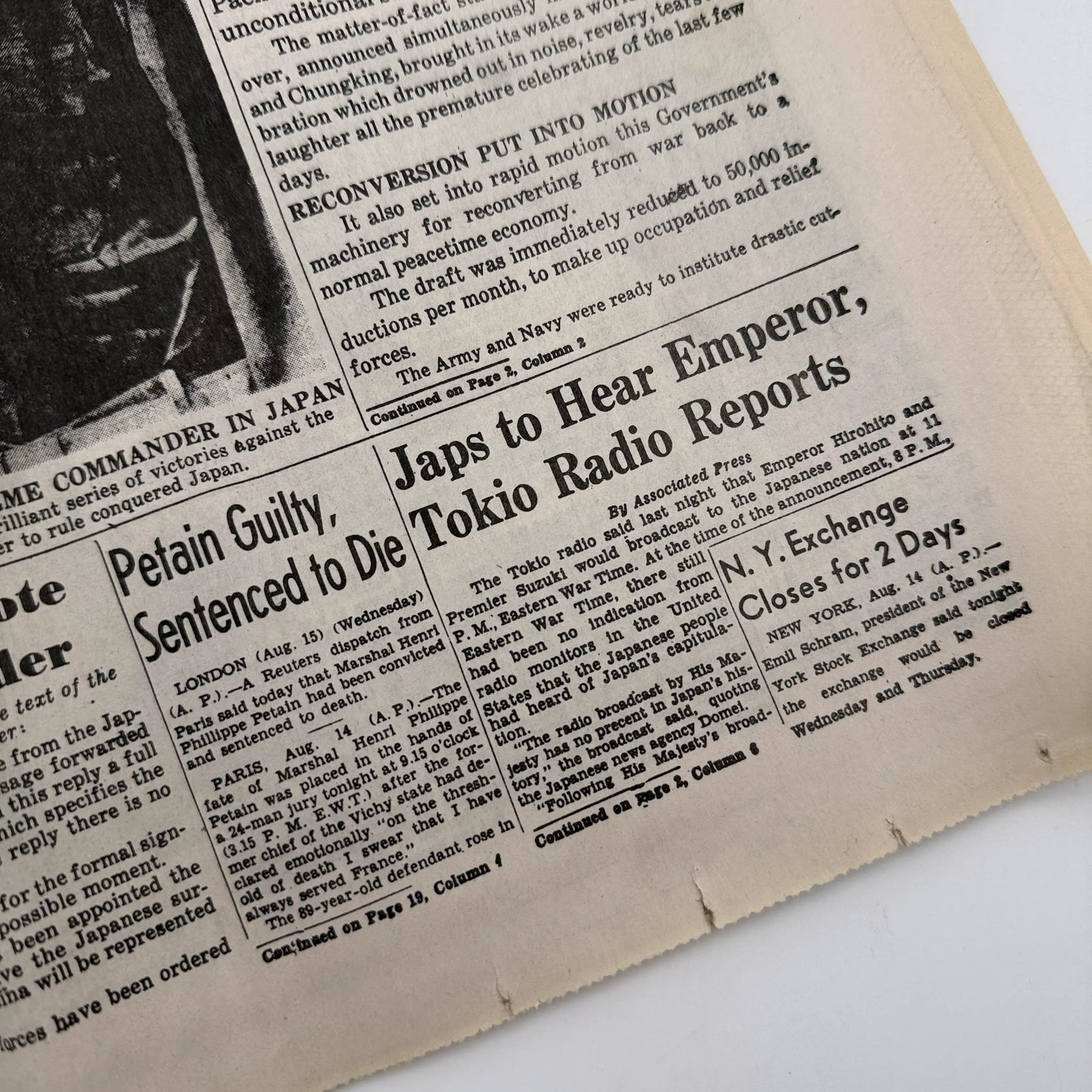 Three WWII newspapers —War Declared, V-E Day, Peace