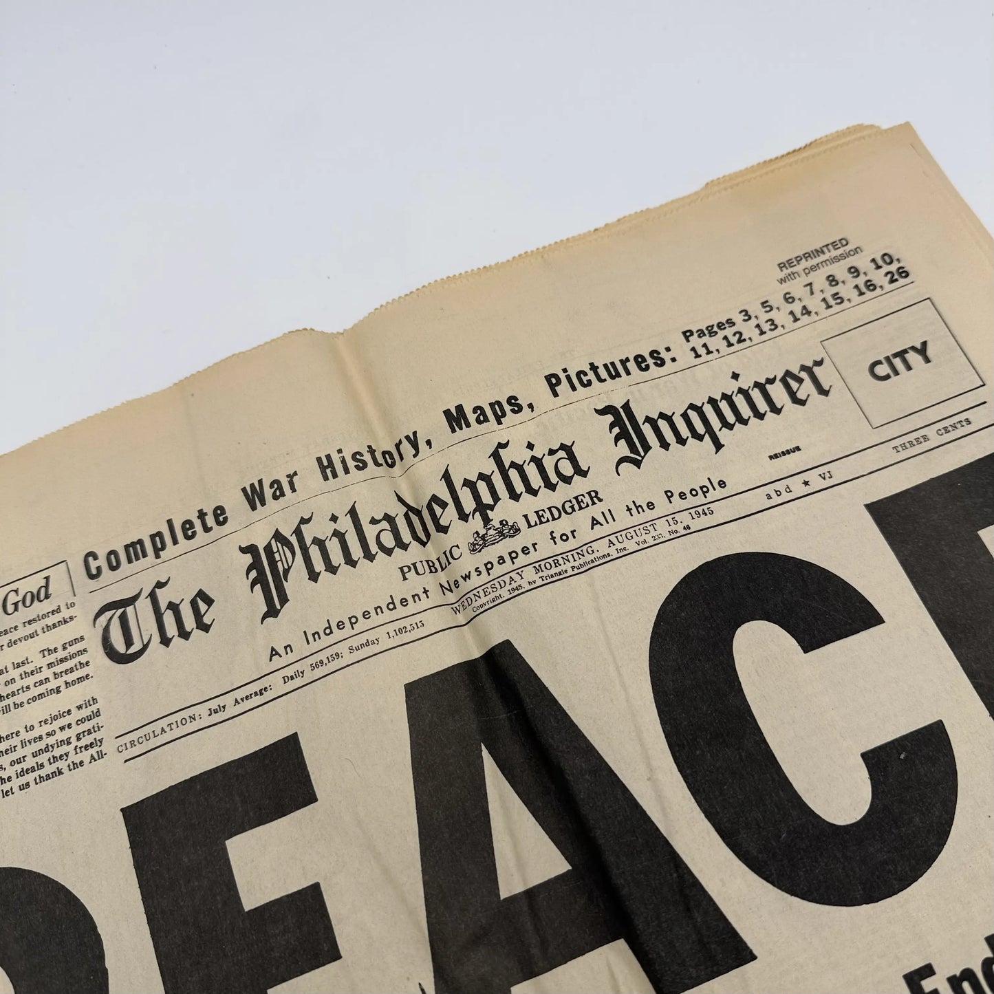 Three WWII newspapers —War Declared, V-E Day, Peace
