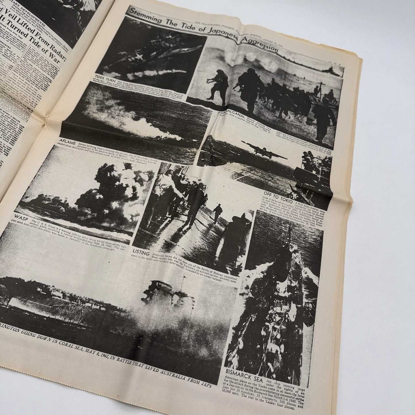 Three WWII newspapers —War Declared, V-E Day, Peace