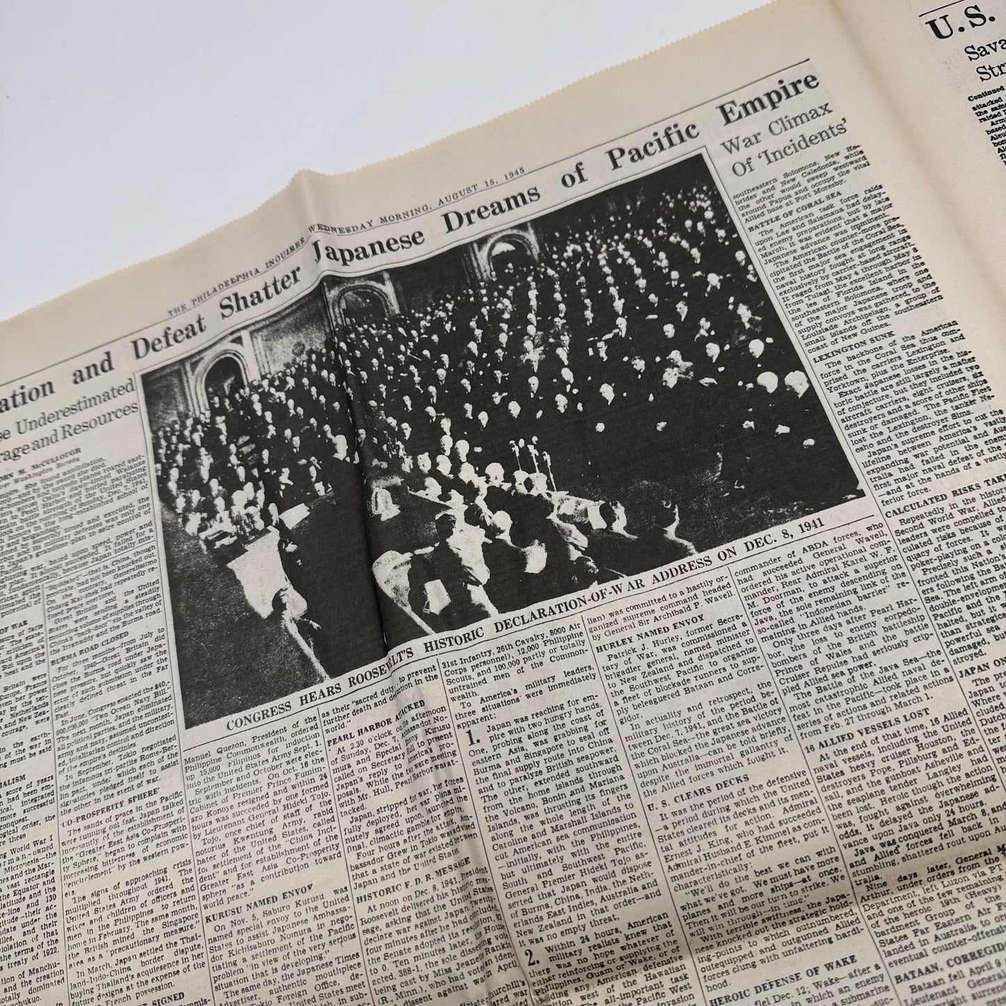Three WWII newspapers —War Declared, V-E Day, Peace