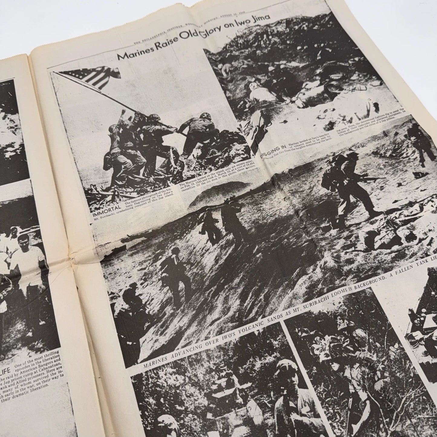 Three WWII newspapers —War Declared, V-E Day, Peace