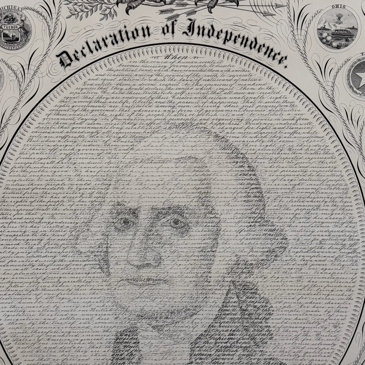 Framed "Declaration of Independence" Calligraphy of George Washington with the seals of 16 states