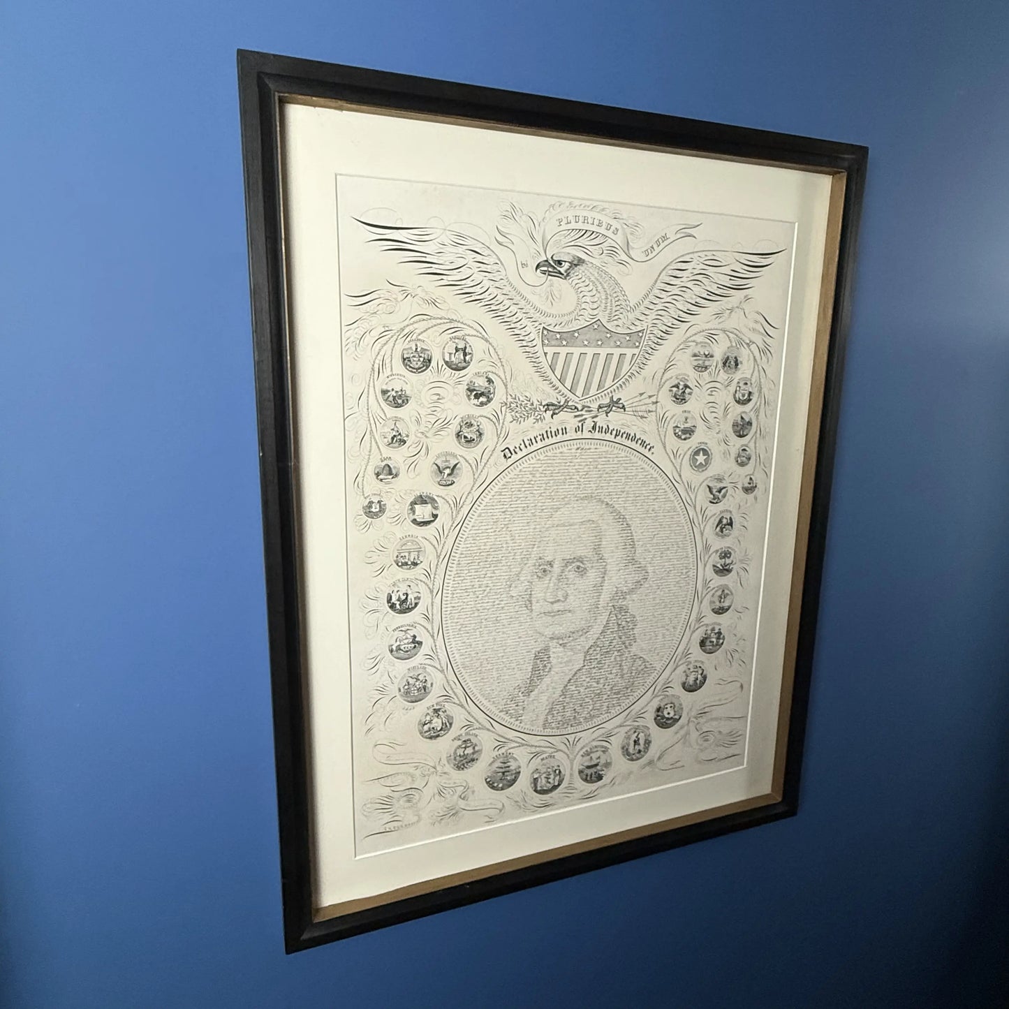 Framed "Declaration of Independence" Calligraphy of George Washington with the seals of 16 states