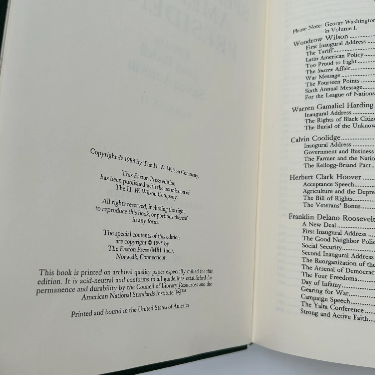 "Speeches of the American Presidents" Edited by Janet Podell and Steven Anzovin - Leather-bound, gilt-edged Easton Press edition — Two volume set