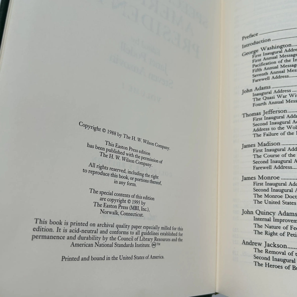 "Speeches of the American Presidents" Edited by Janet Podell and Steven Anzovin - Leather-bound, gilt-edged Easton Press edition — Two volume set