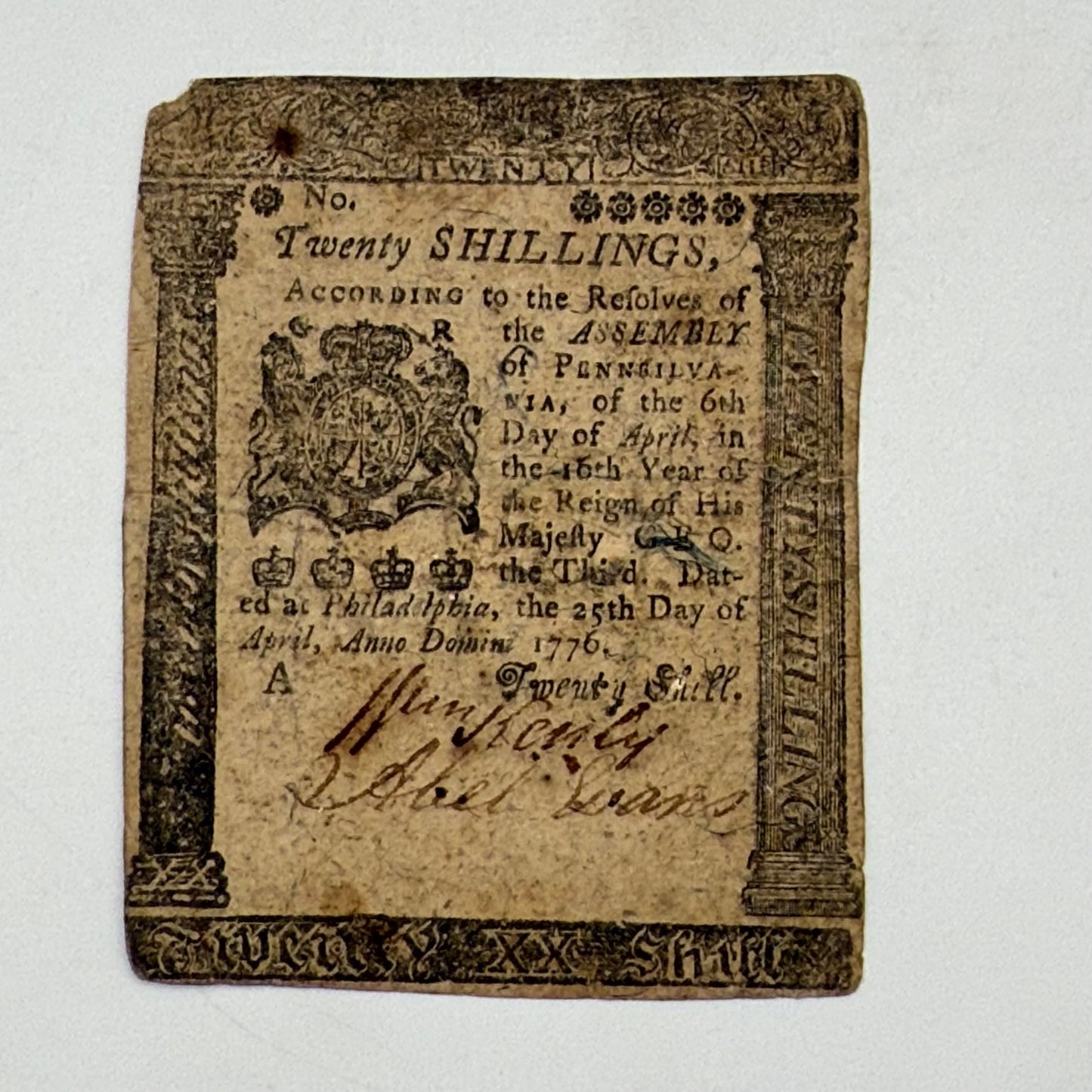 Colonial Currency — Pennsylvania — April 25, 1776 — Twenty Shillings