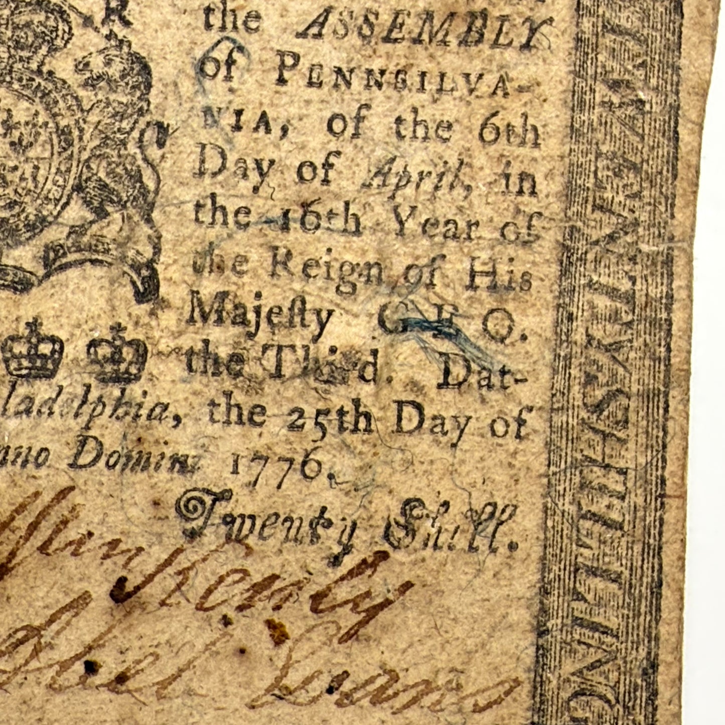 Colonial Currency — Pennsylvania — April 25, 1776 — Twenty Shillings