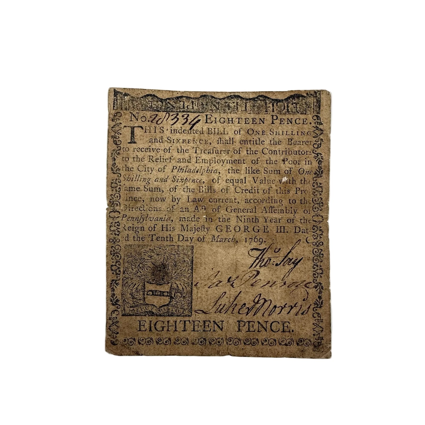 Pennsylvania — Eighteen Pence — For the relief and employment of the poor — March 10, 1769