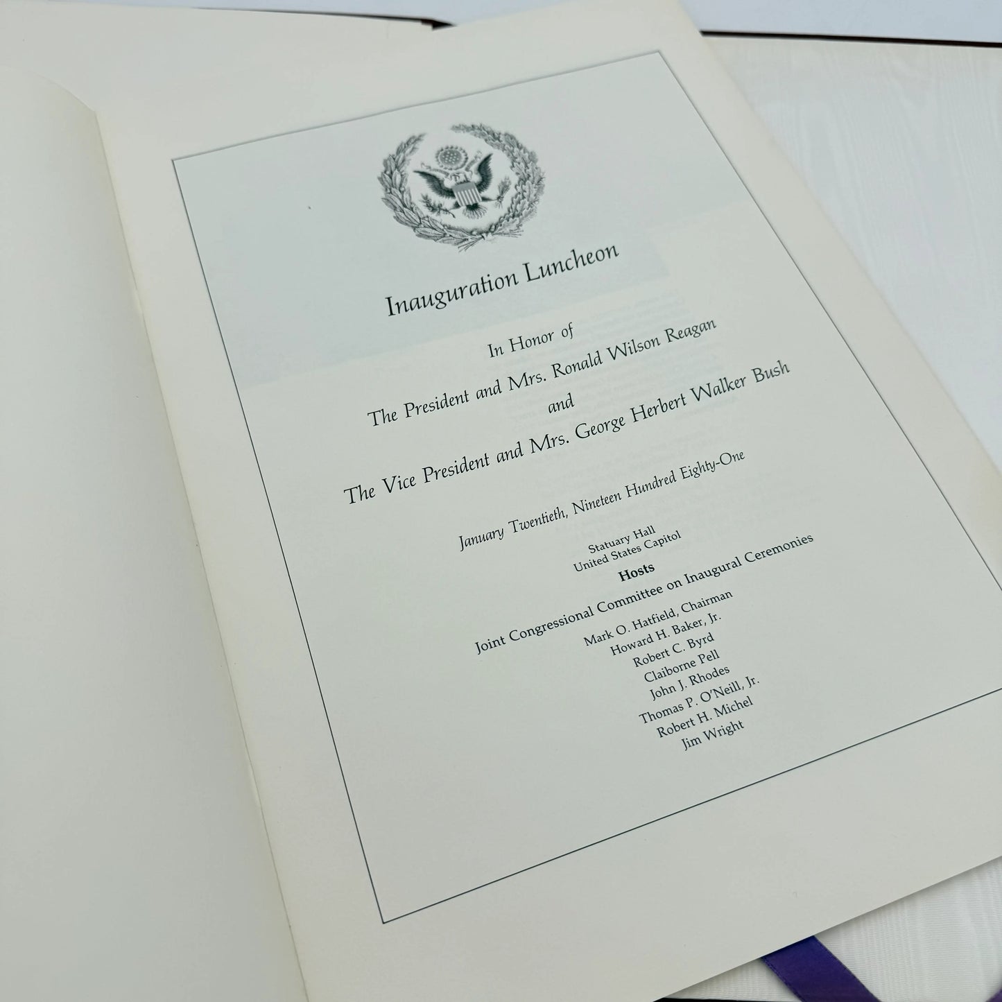 1981 Presidential Inauguration Luncheon Folio with Address of Ronald Reagan — Owned by the White House Curator