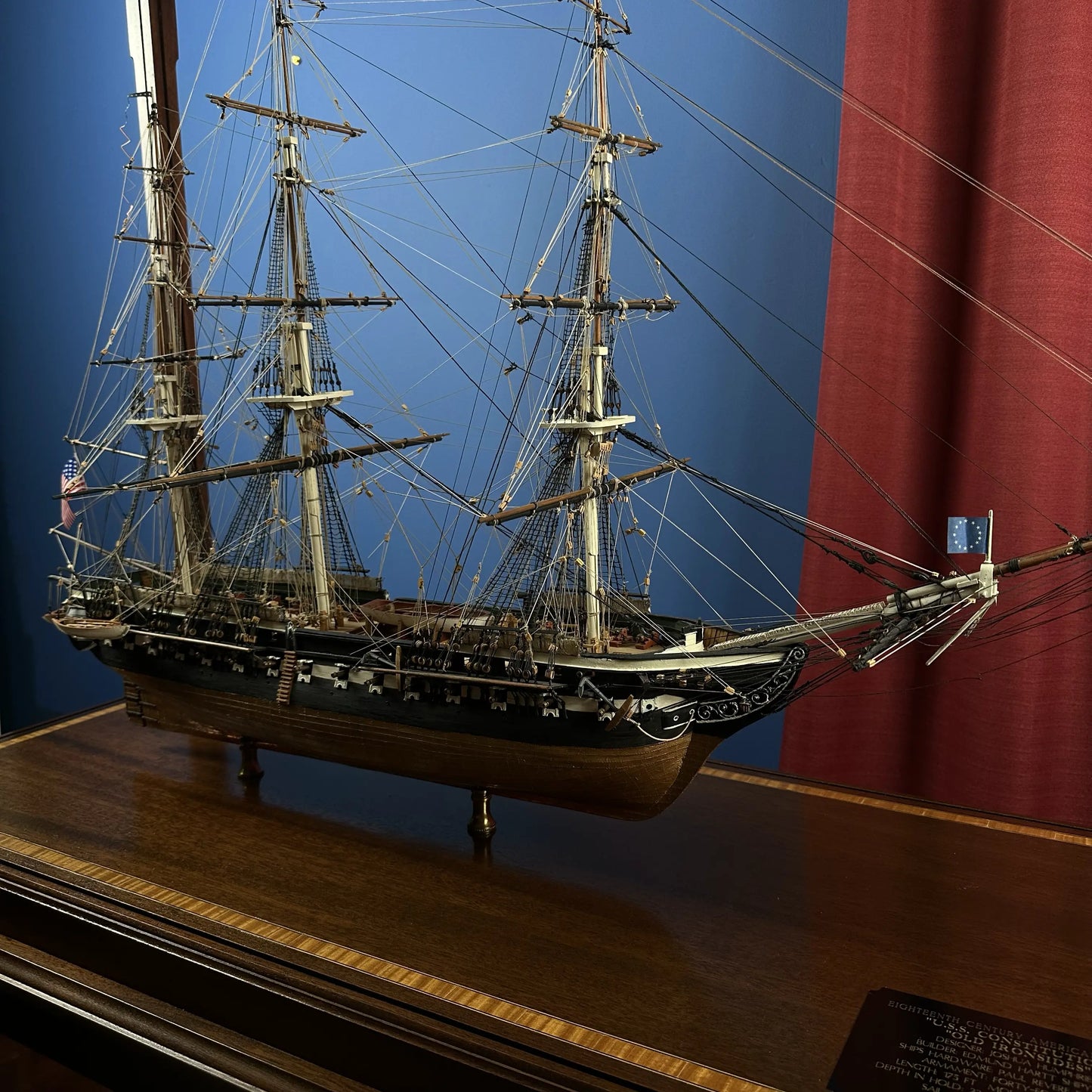 Cased USS Constitution Ship Model from Lannan Ship Model Gallery — with marquetry inlay table