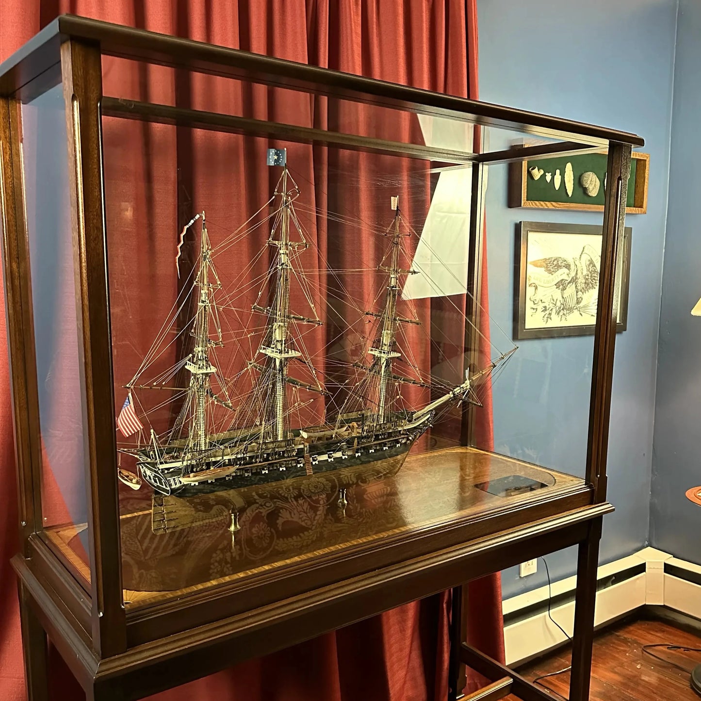 Cased USS Constitution Ship Model from Lannan Ship Model Gallery — with marquetry inlay table