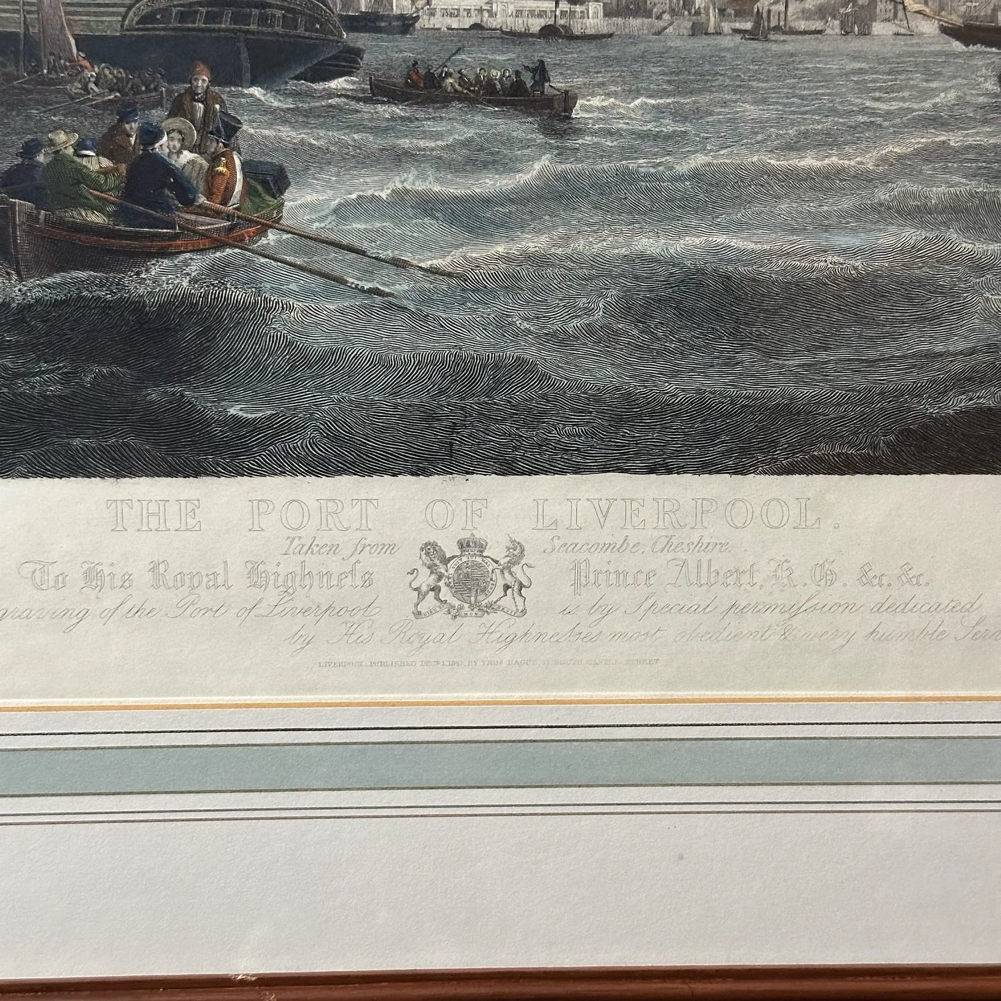 Large, framed, hand-colored 1841 etching of U.S. ship in the Port of Liverpool