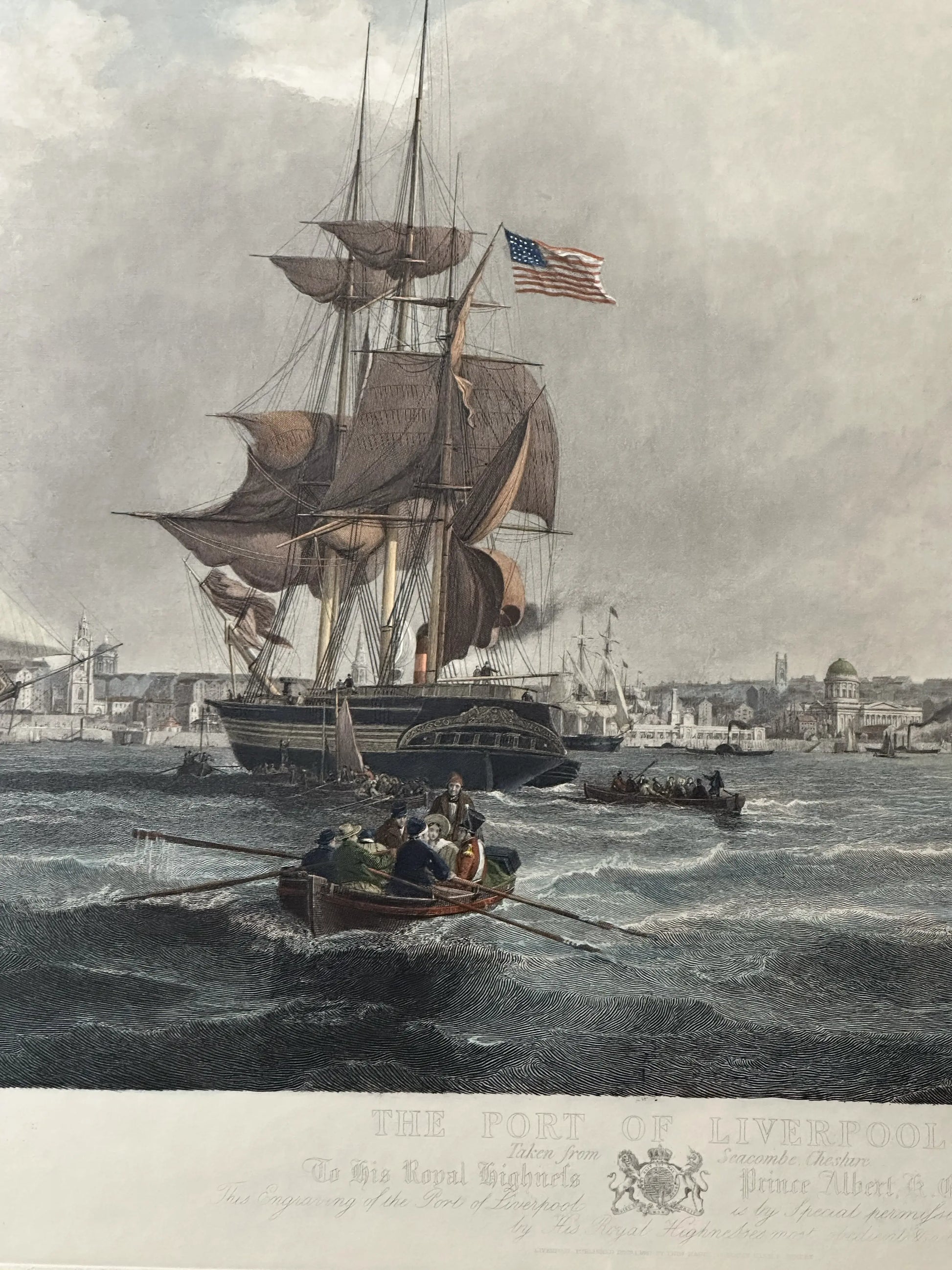 Large, framed, hand-colored 1841 etching of U.S. ship in the Port Large, framed, hand-colored 1841 etching of U.S. ship in the Port