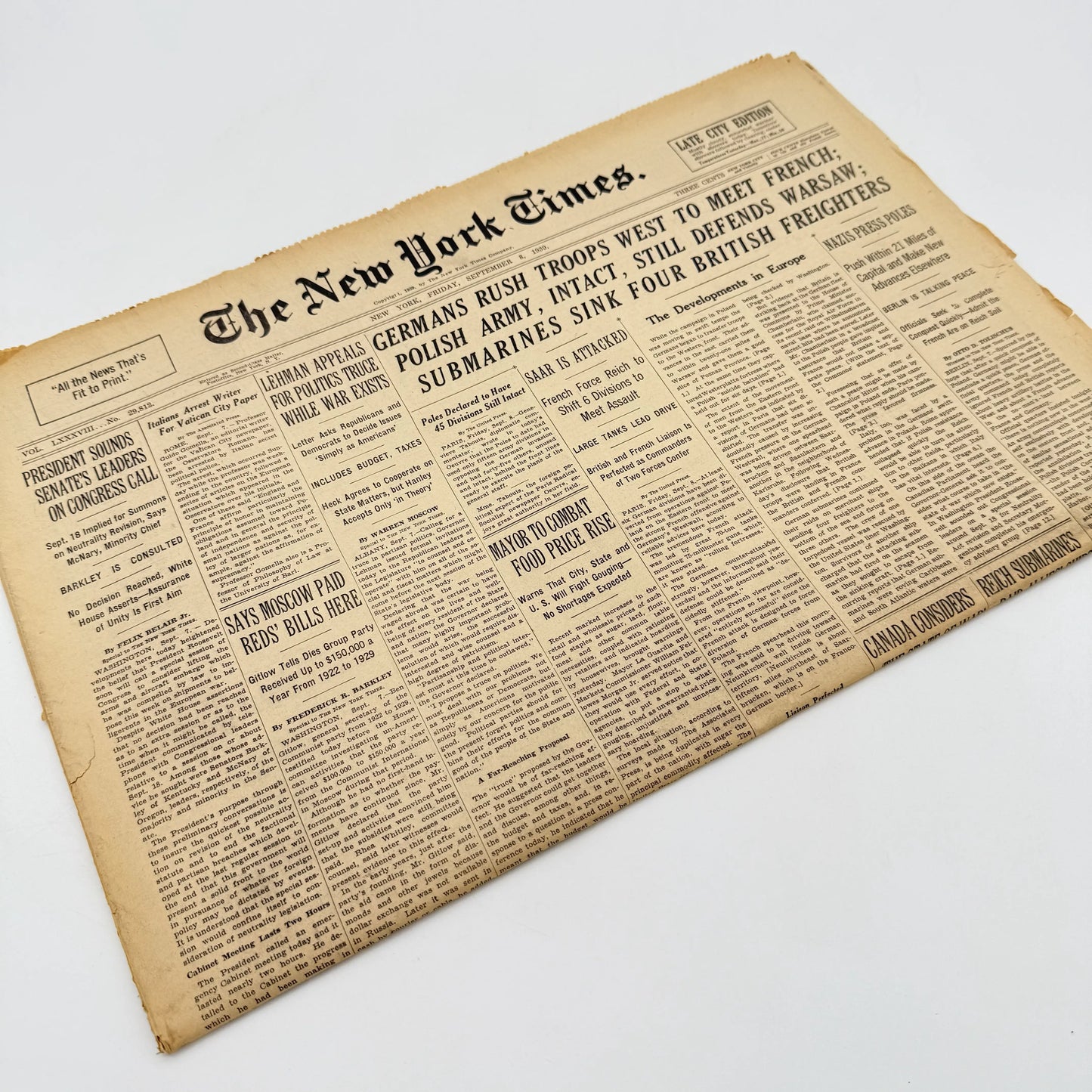 The outbreak of WWII in The New York Times — September 6, 7, 8, 10, and 11 — Sold as a set