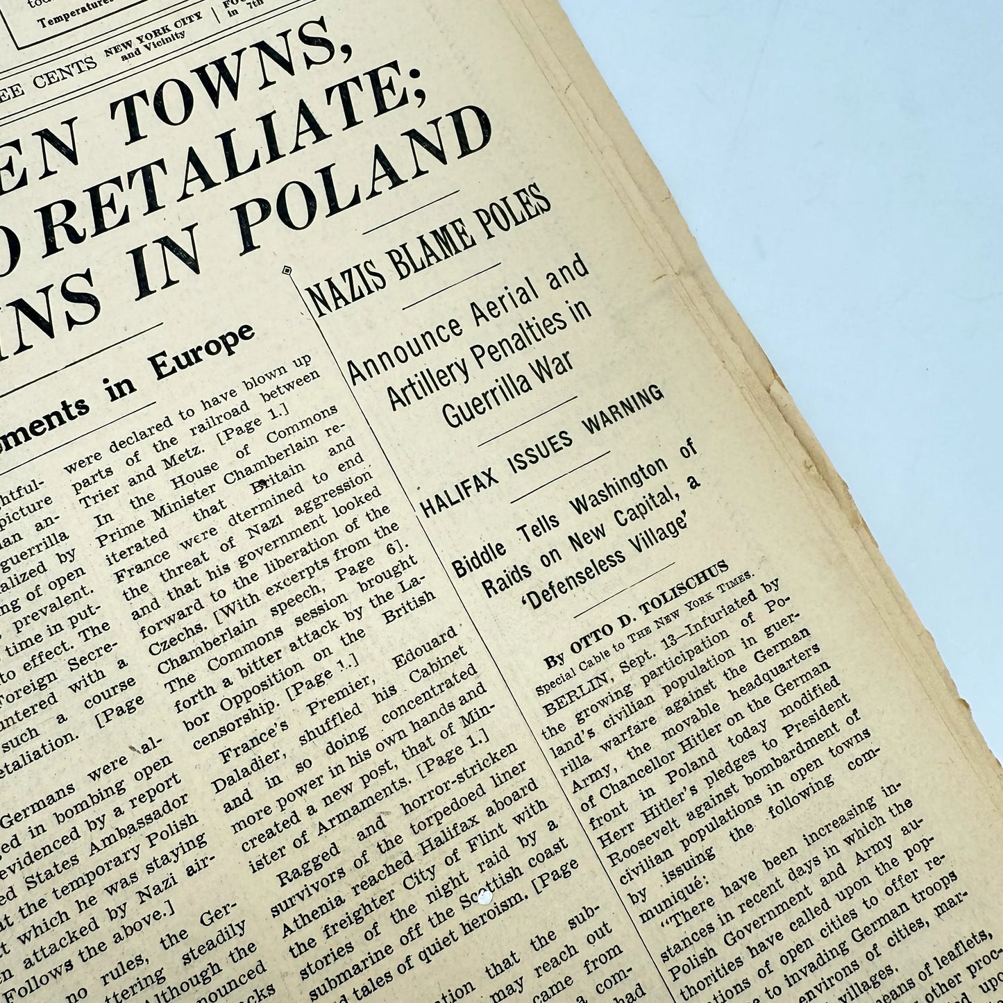 The outbreak of WWII in The New York Times — Poland — September 12 - 15 — Sold as a set