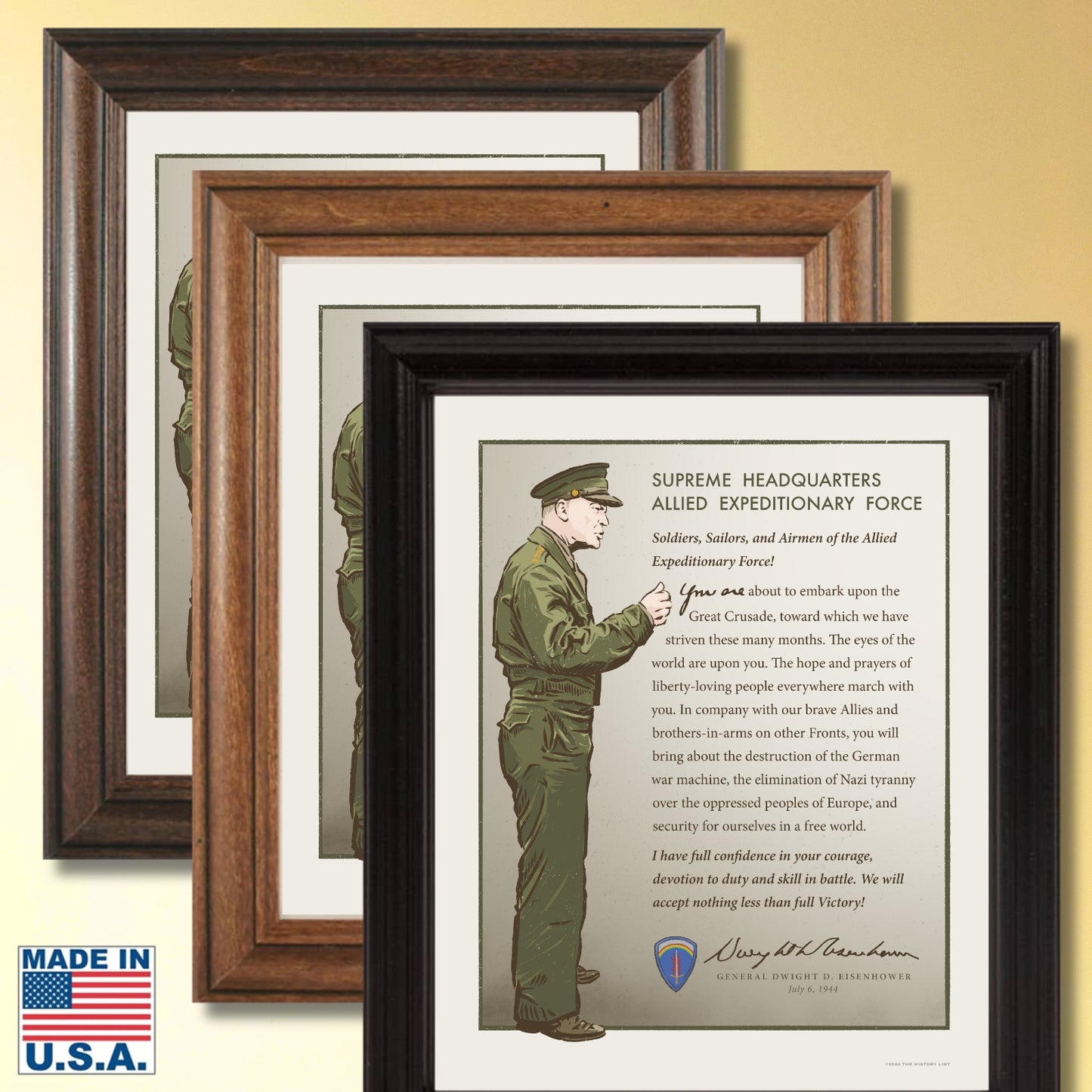Gen. Dwight D. Eisenhower on D-Day — Original print framed in a solid wood frame made in America