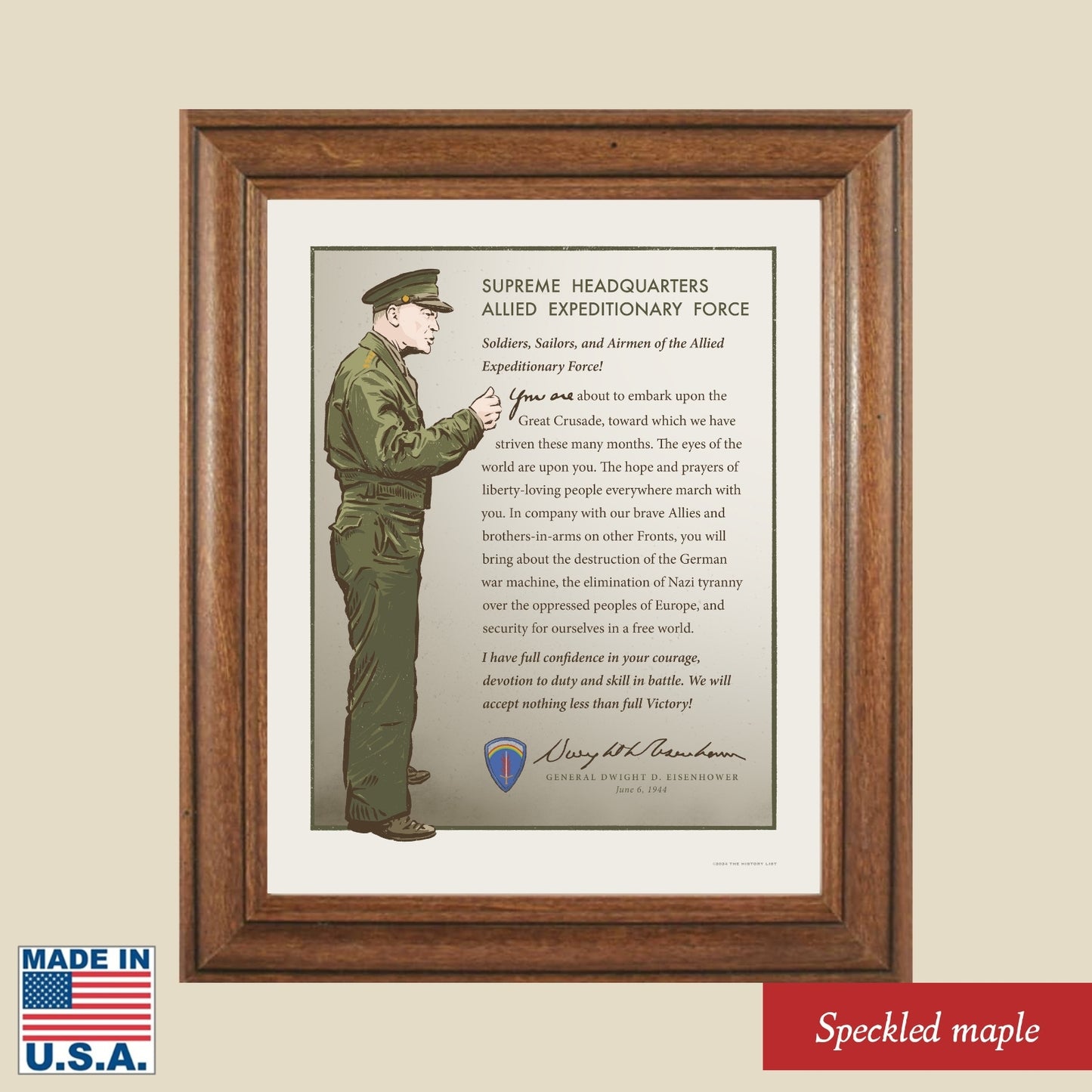 Gen. Dwight D. Eisenhower on D-Day — Original print framed in a solid wood frame made in America