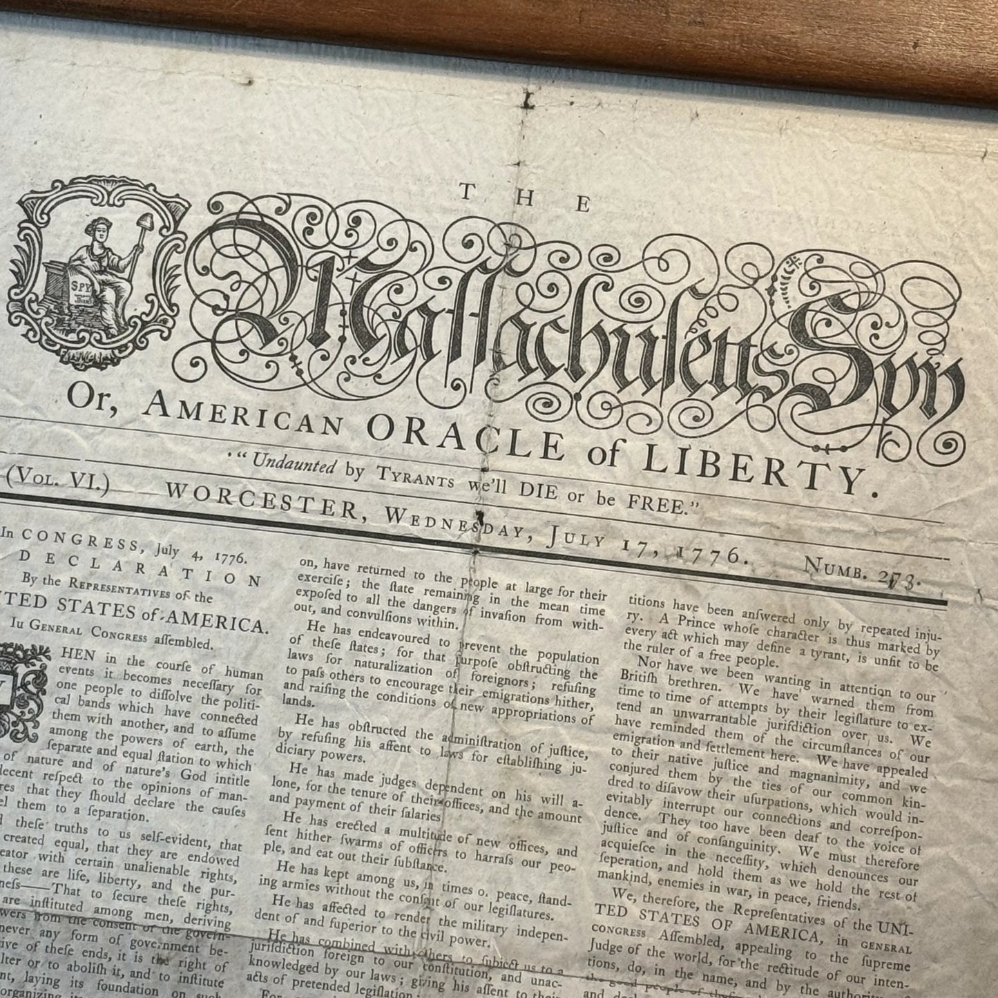 Framed reprint of the "Massachusetts Spy" from July 17, 1776 with the Declaration on the front page