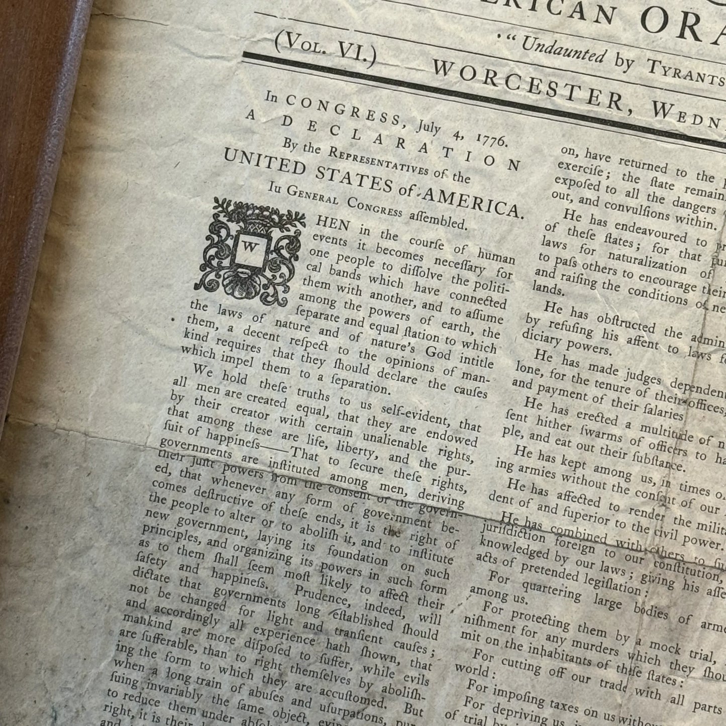 Framed reprint of the "Massachusetts Spy" from July 17, 1776 with the Declaration on the front page