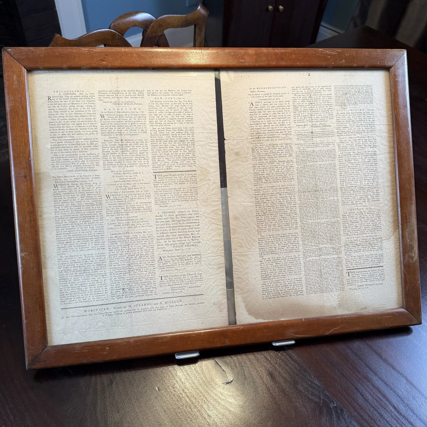 Framed reprint of the "Massachusetts Spy" from July 17, 1776 with the Declaration on the front page