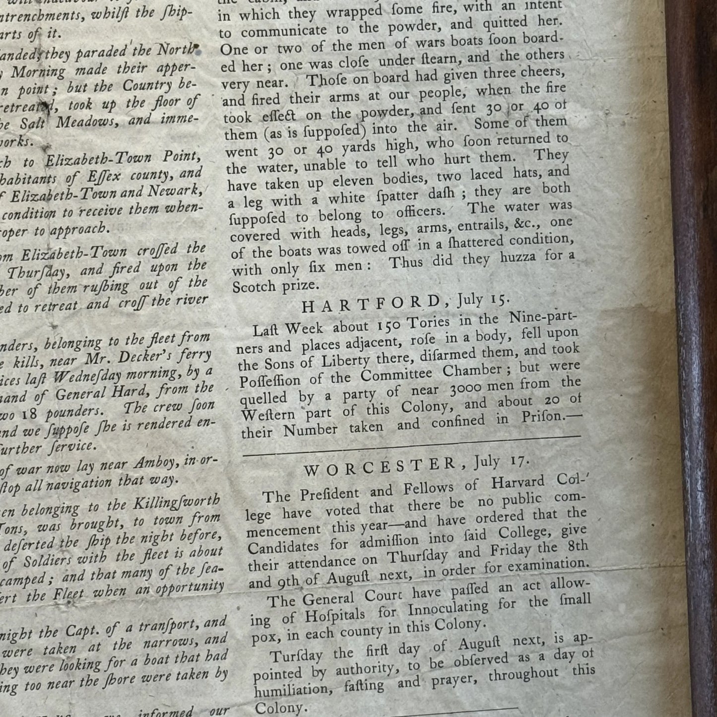 Framed reprint of the "Massachusetts Spy" from July 17, 1776 with the Declaration on the front page