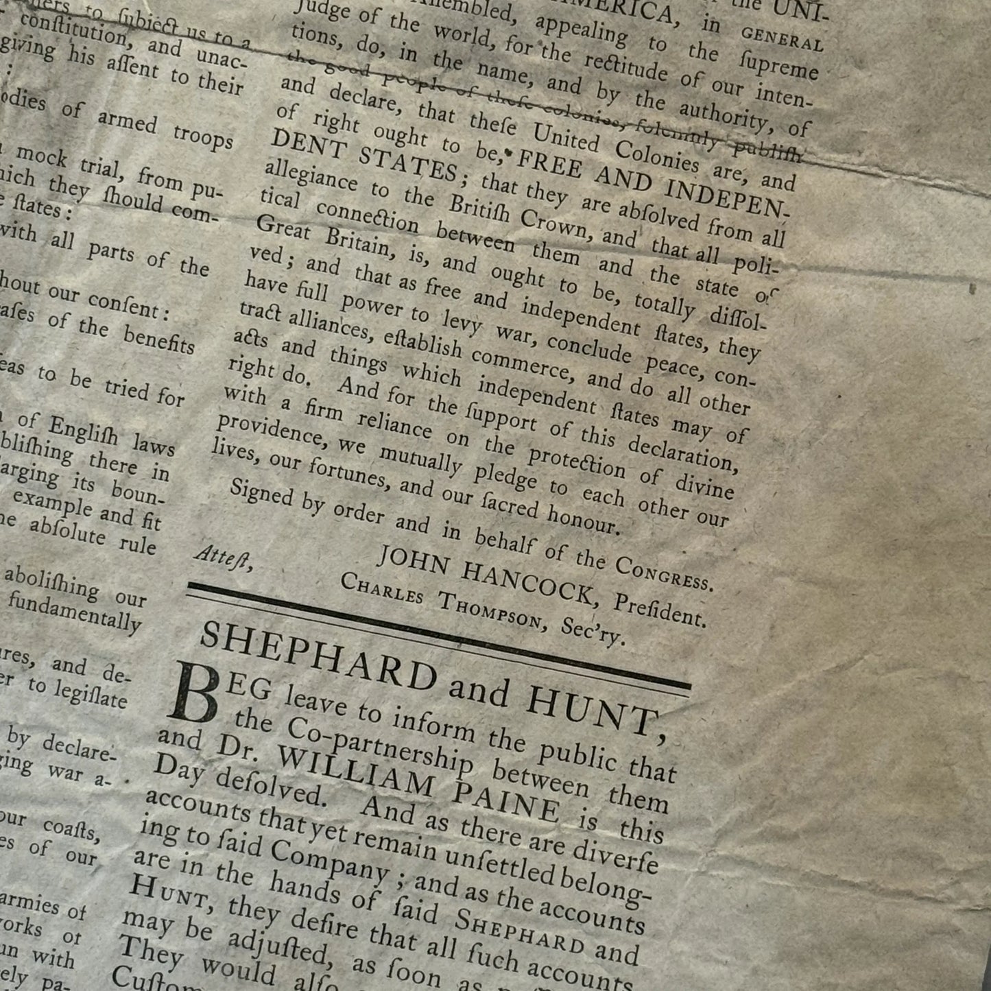 Framed reprint of the "Massachusetts Spy" from July 17, 1776 with the Declaration on the front page