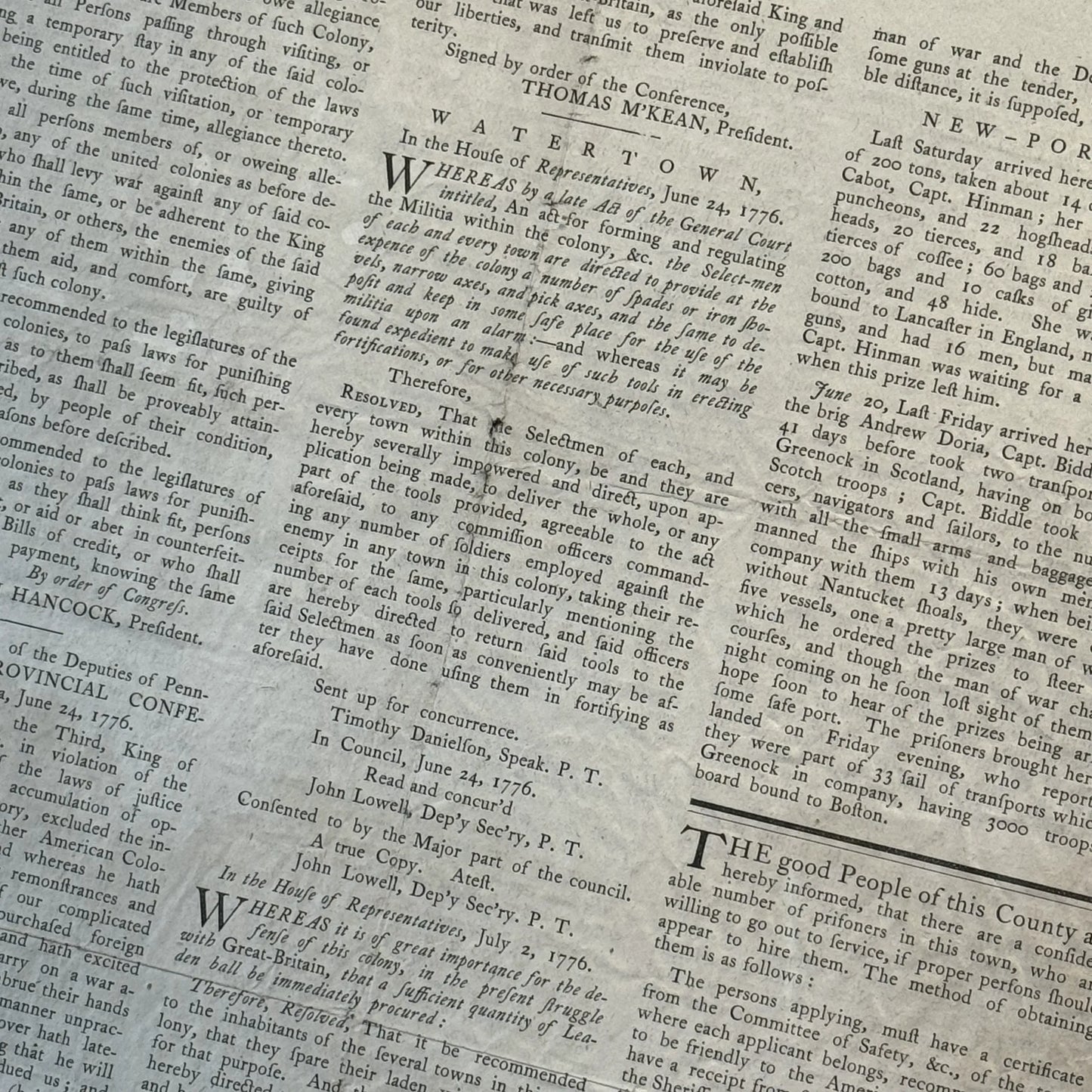 Framed reprint of the "Massachusetts Spy" from July 17, 1776 with the Declaration on the front page