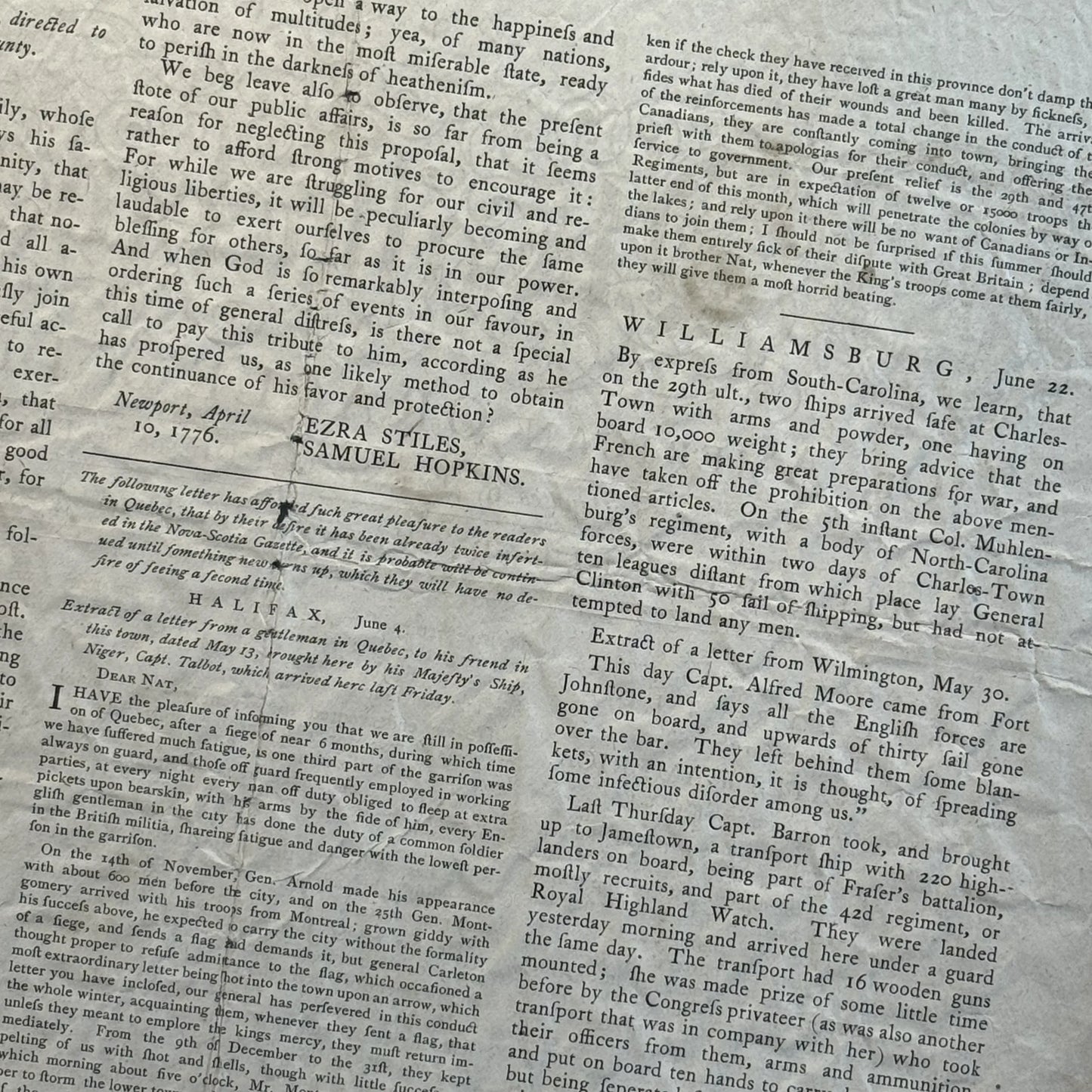 Framed reprint of the "Massachusetts Spy" from July 17, 1776 with the Declaration on the front page