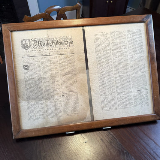 Framed reprint of the "Massachusetts Spy" from July 17, 1776 with the Declaration on the front page