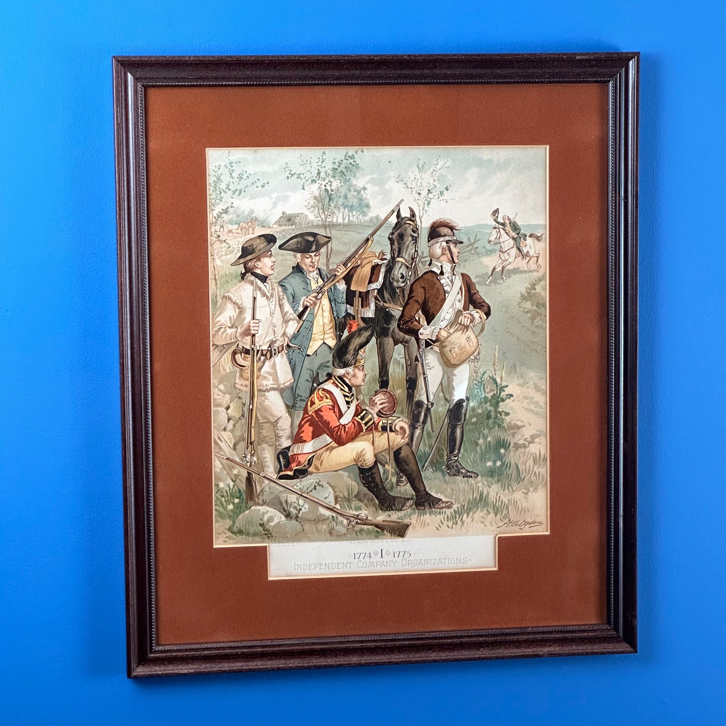 Four historic framed prints of American soldiers in uniform 1774 - 1783 that were commissioned by the Quartermaster General of the Army (1890 - 1907)