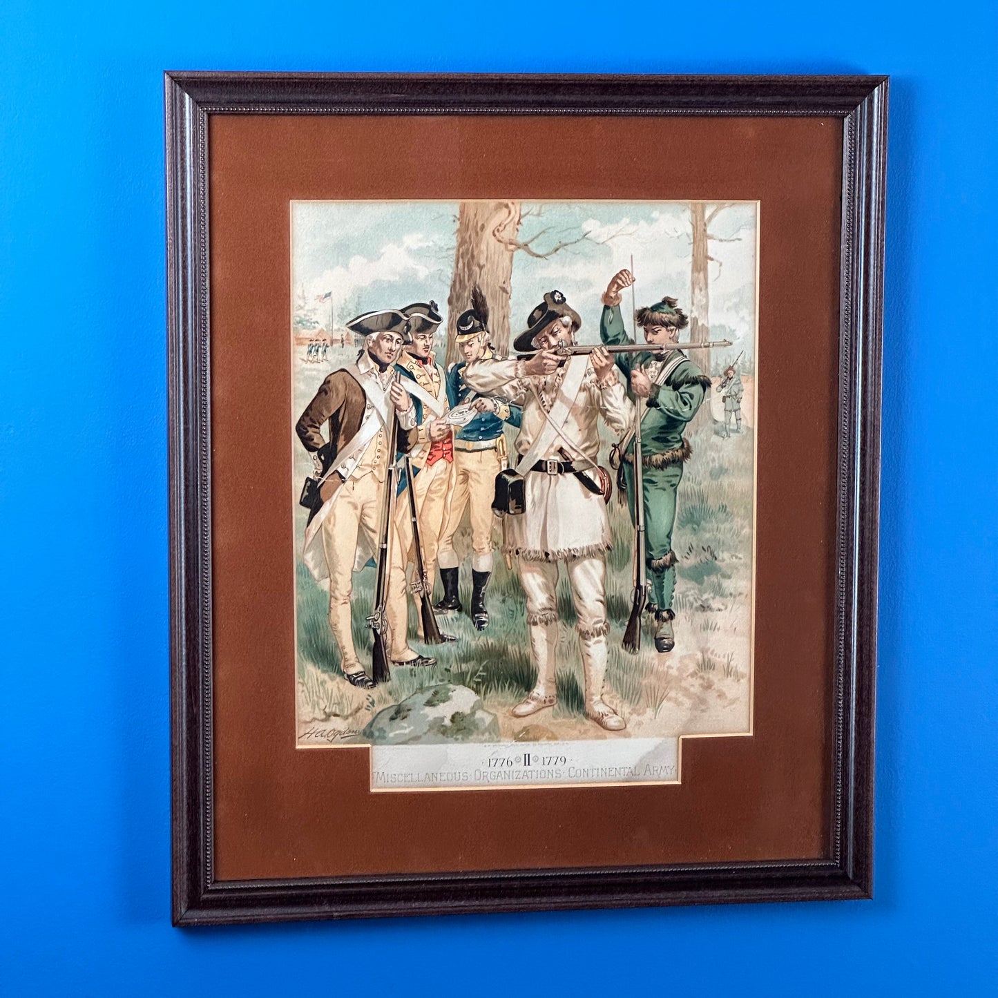 Four historic framed prints of American soldiers in uniform 1774 - 1783 that were commissioned by the Quartermaster General of the Army (1890 - 1907)