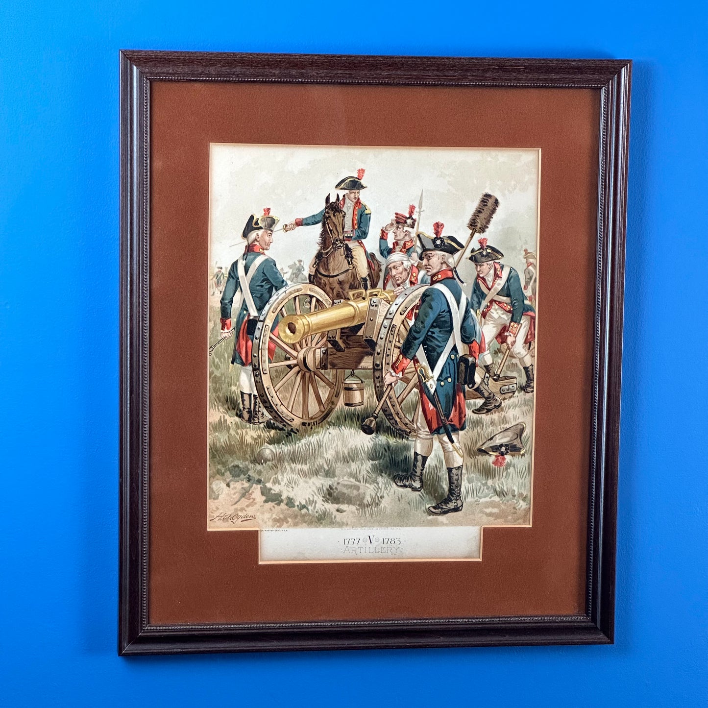 Four historic framed prints of American soldiers in uniform 1774 - 1783 that were commissioned by the Quartermaster General of the Army (1890 - 1907)