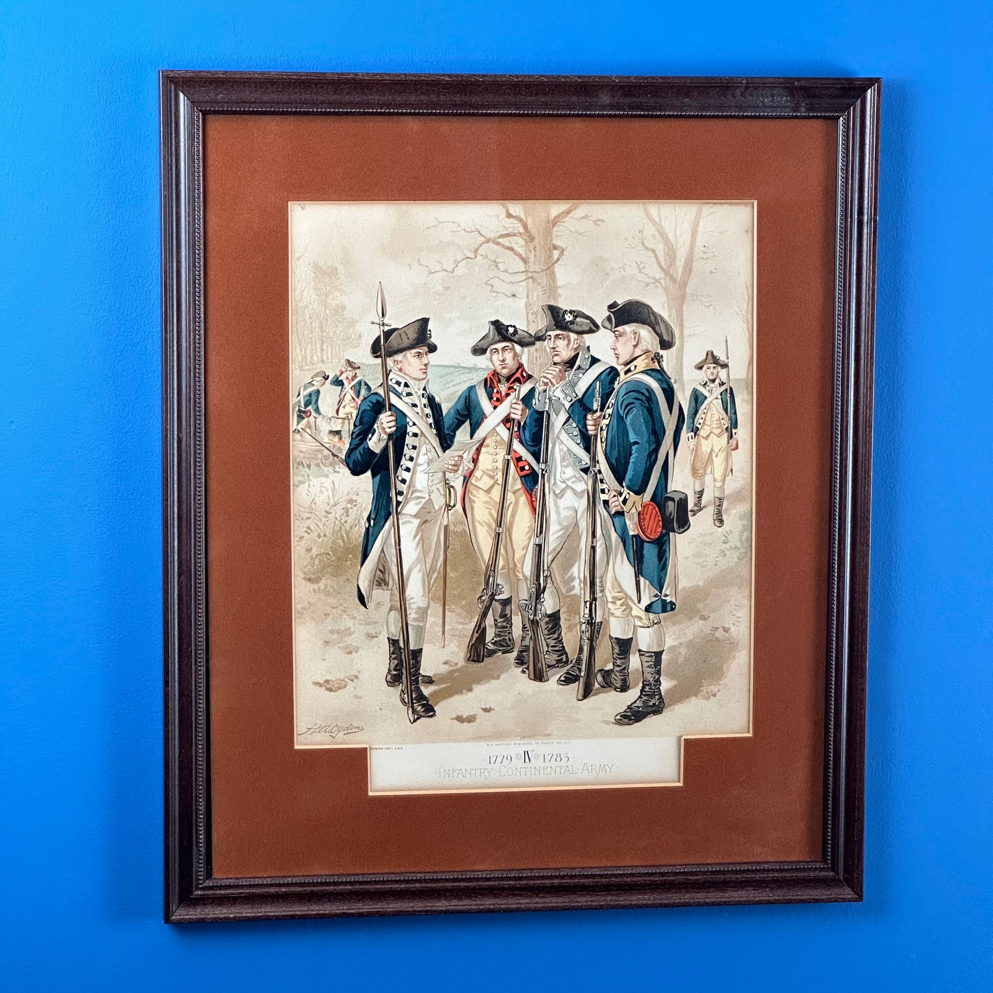 Four historic framed prints of American soldiers in uniform 1774 - 1783 that were commissioned by the Quartermaster General of the Army (1890 - 1907)