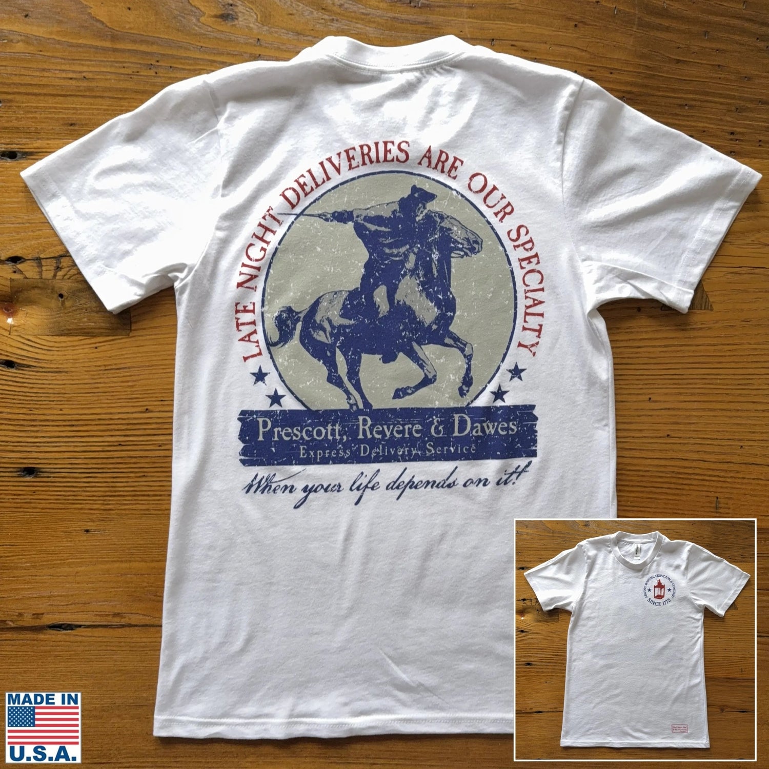 "Prescott, Revere, and Dawes Express Delivery Service" Made in America Shirt, White, from The History List Store.