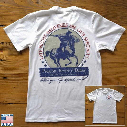 "Prescott, Revere, and Dawes Express Delivery Service" Made in America Shirt, White, from The History List Store.