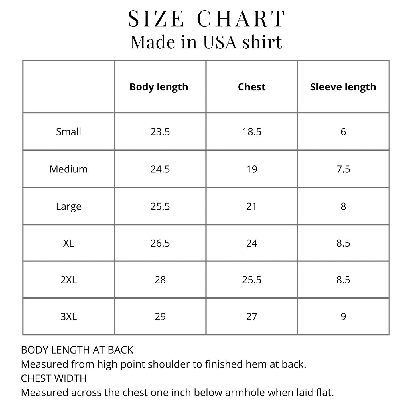 Size chart for 100% cotton Made in America t-shirt from The History List Store.