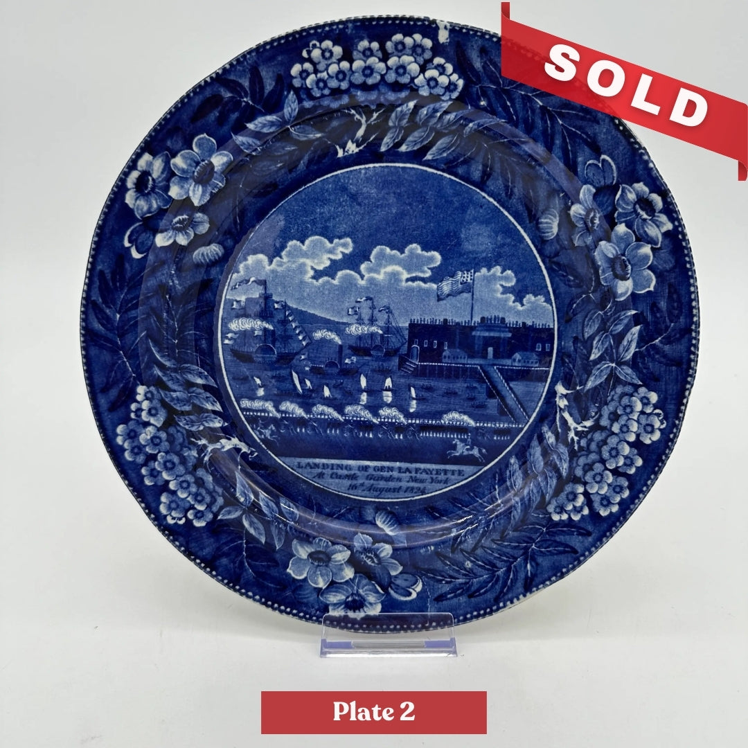 Historical Staffordshire blue plate showing the landing of Gen. Lafayette at Castle Garden in New York in 1824