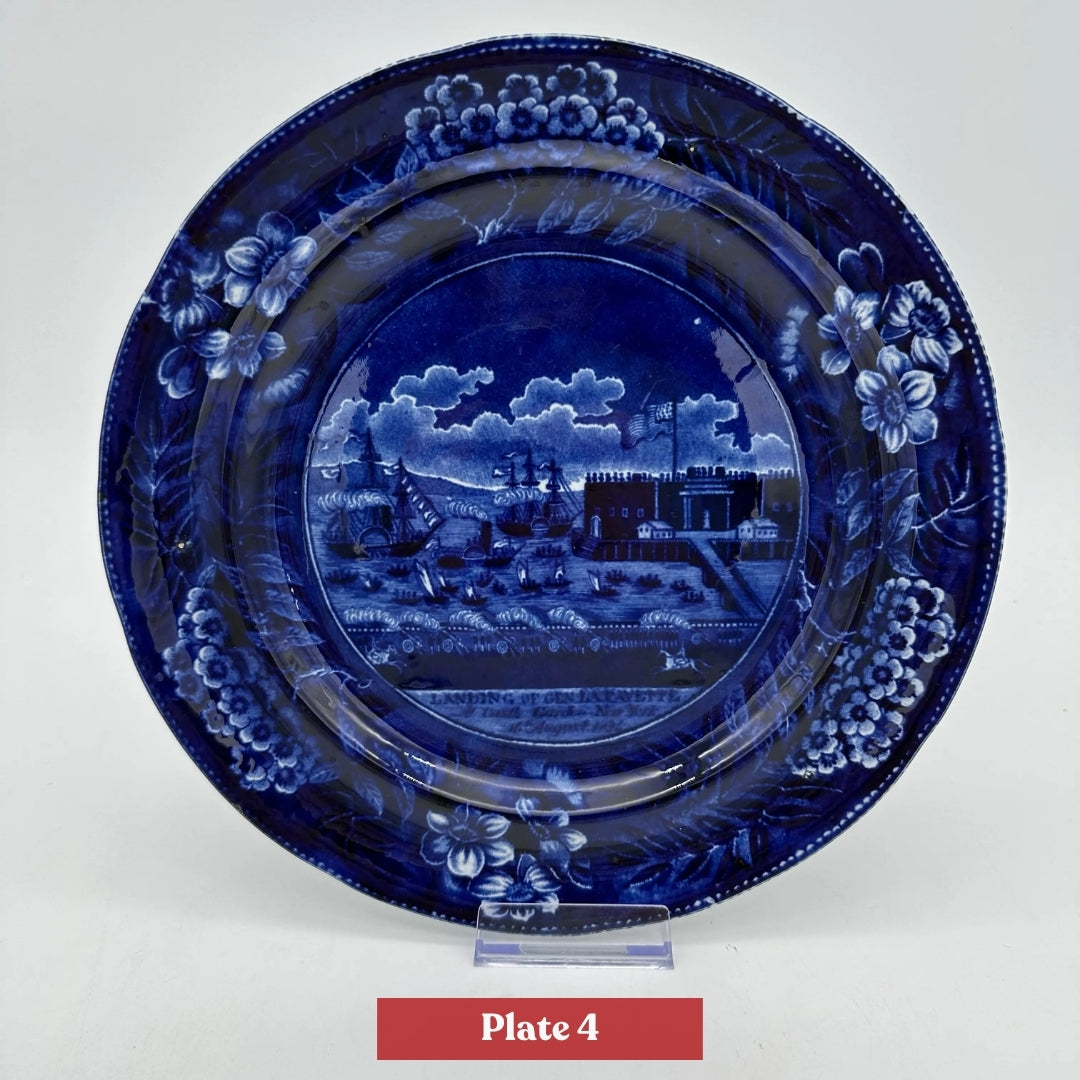 Historical Staffordshire blue plate showing the landing of Gen. Lafayette at Castle Garden in New York in 1824