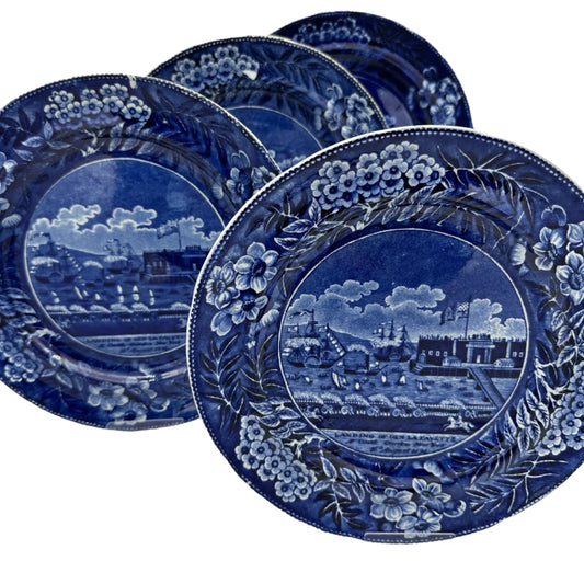 Historical Staffordshire blue plate showing the landing of Gen. Lafayette at Castle Garden in New York in 1824