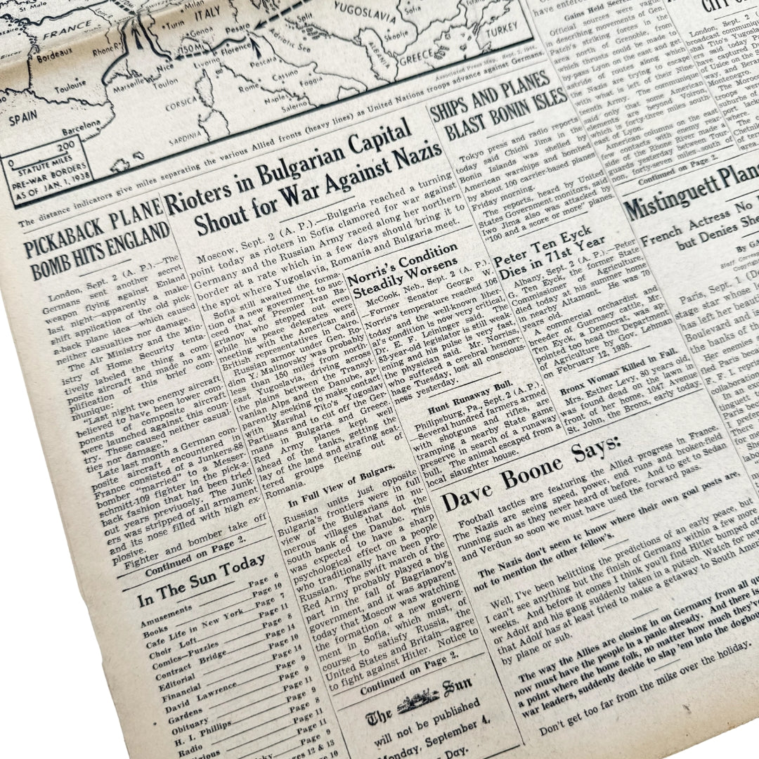 The Sun — September 2, 1944 and the New York Herald Tribune — September 14, 1944 — Sold as a set