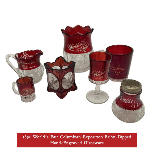 1893 World’s Fair Columbian Exposition Ruby-Dipped Hand-Engraved Glassware