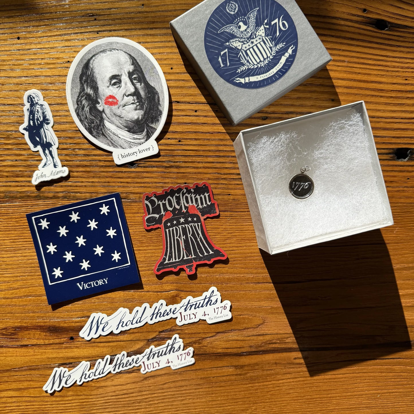 1776 Revolutionary sterling silver charms made by hand in New England with stickers package from the History List Store.