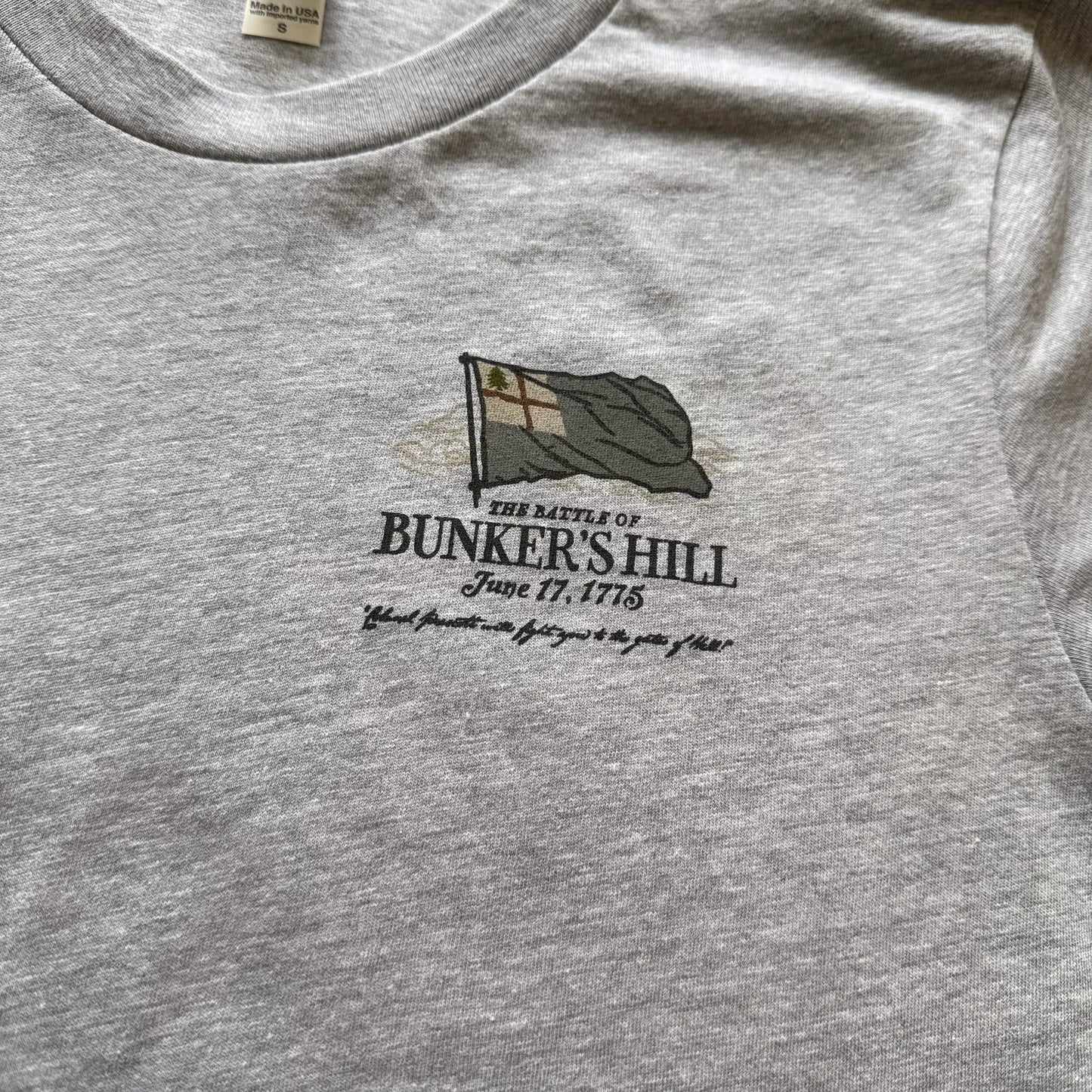 Front view of the Light Grey "The Battle of Bunker's Hill" Made in America Shirt from The History List Store.