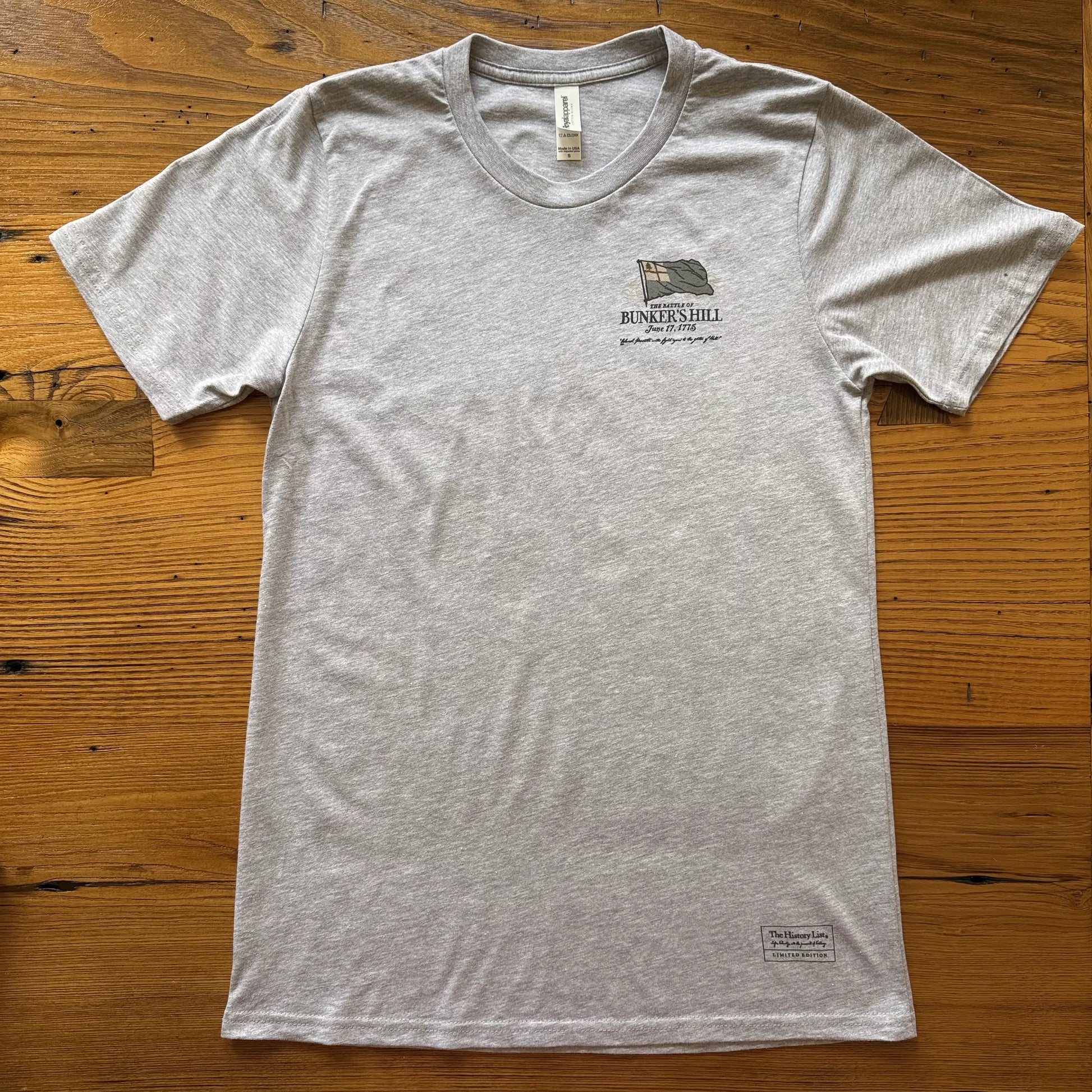 Front view of the Light Grey "The Battle of Bunker's Hill" Made in America Shirt from The History List Store.
