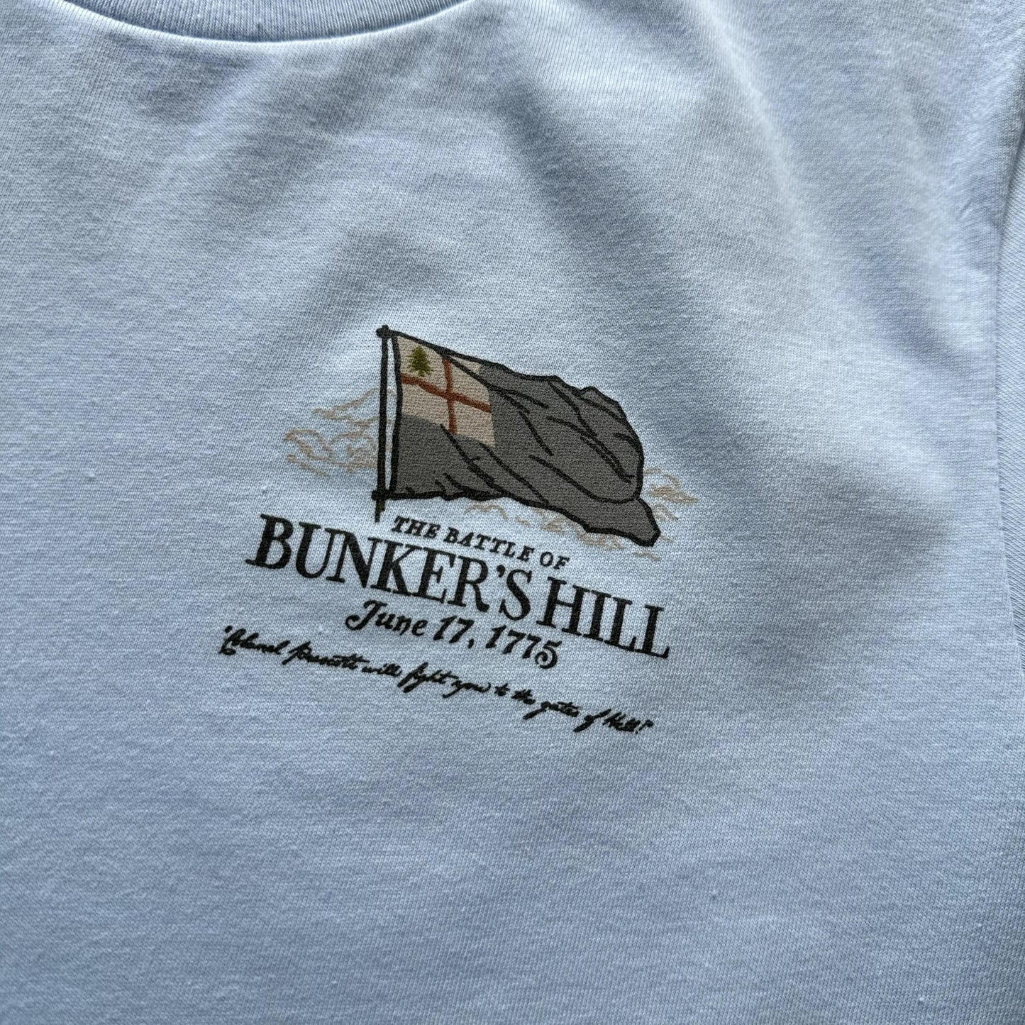 Front view close-up of the light blue "The Battle of Bunker's Hill" Made in America Shirt from The History List Store.